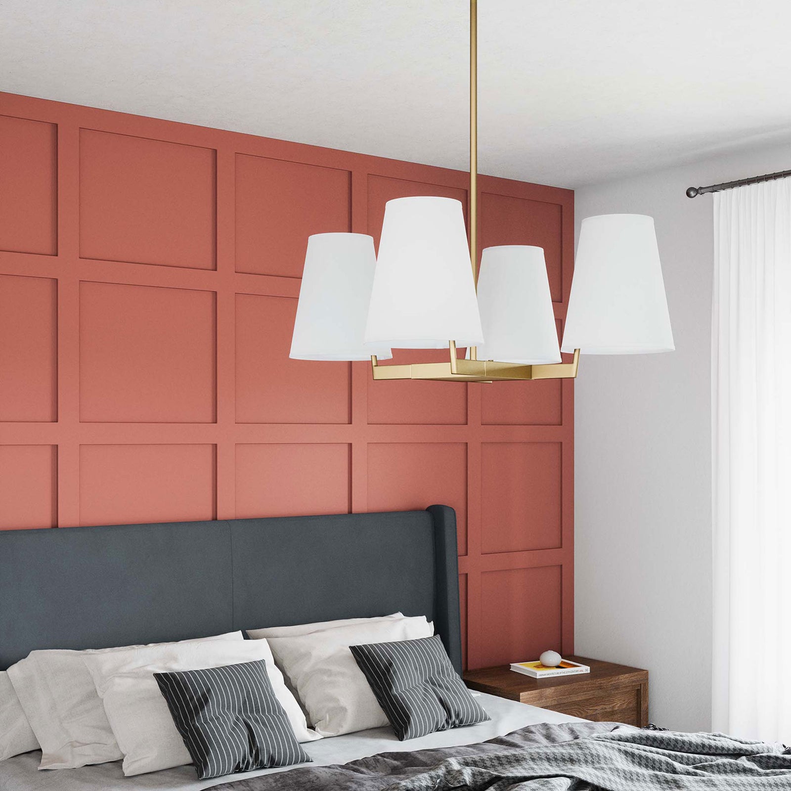 Satin brass pendant with four white shades softly centers the bedroom. || EEI-5640-WHI-SBR || front_angle_room