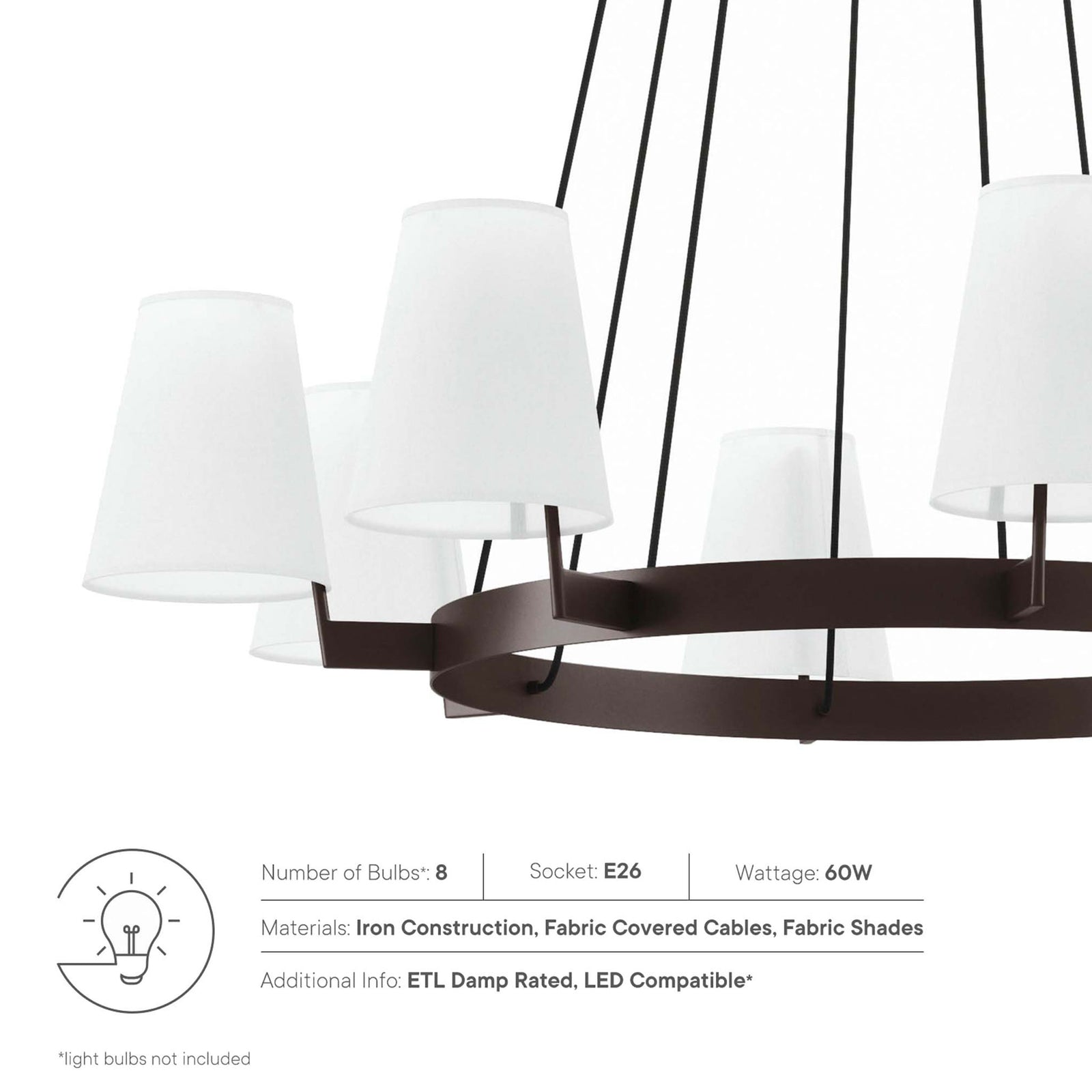 Features include iron construction, fabric shades, and E26 sockets || EEI-5641-WHI-BRZ || callout_studio