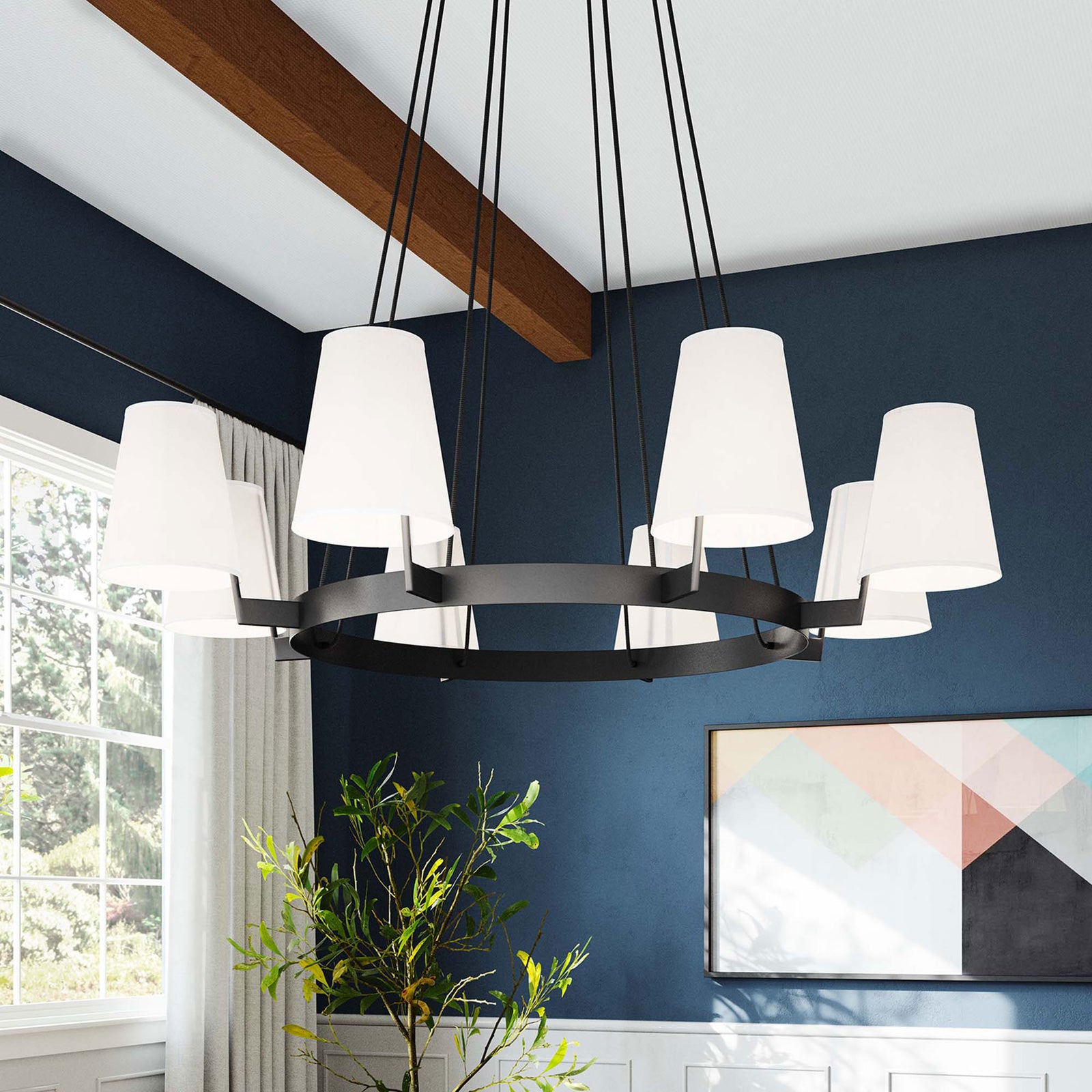 A modern bronze ring chandelier with eight white shades elevates the living space || EEI-5641-WHI-BRZ || front_angle_on_room