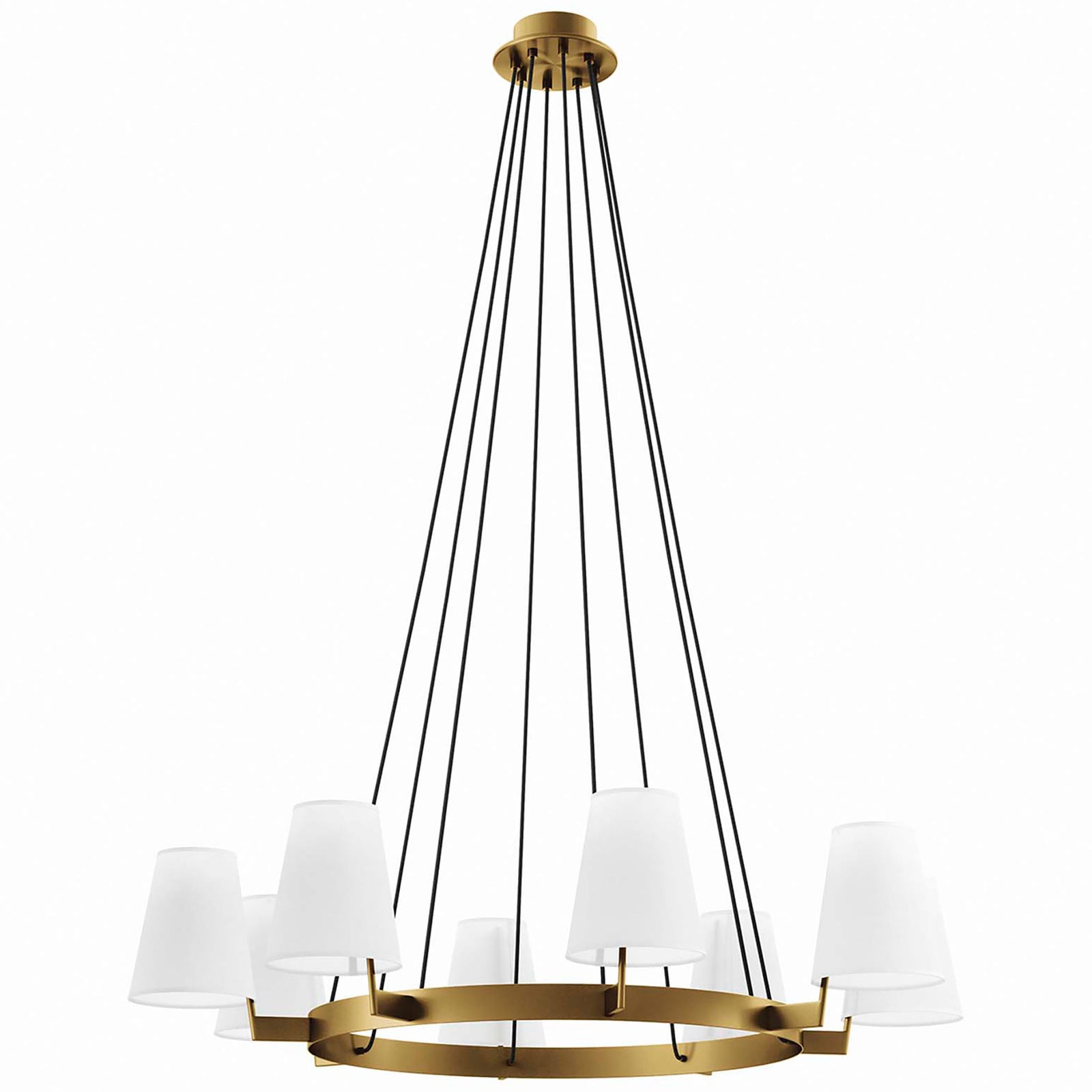 Eight white fabric shades on a satin brass ring with black cables for a refined modern statement || EEI-5641-WHI-SBR || front_studio