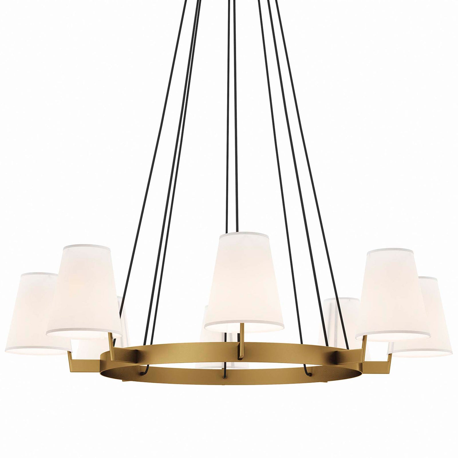 Warm light glows through eight white shades on a satin brass ring || EEI-5641-WHI-SBR || front_on_studio