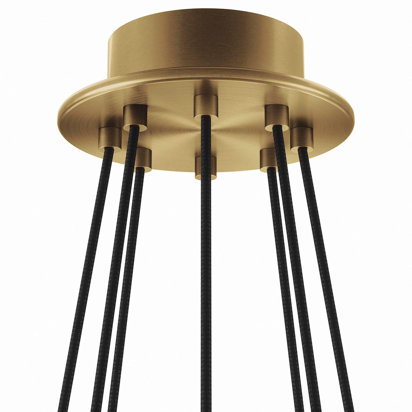 Satin brass ceiling canopy with fabric-covered cords for a polished finish || EEI-5641-WHI-SBR || detail_studio