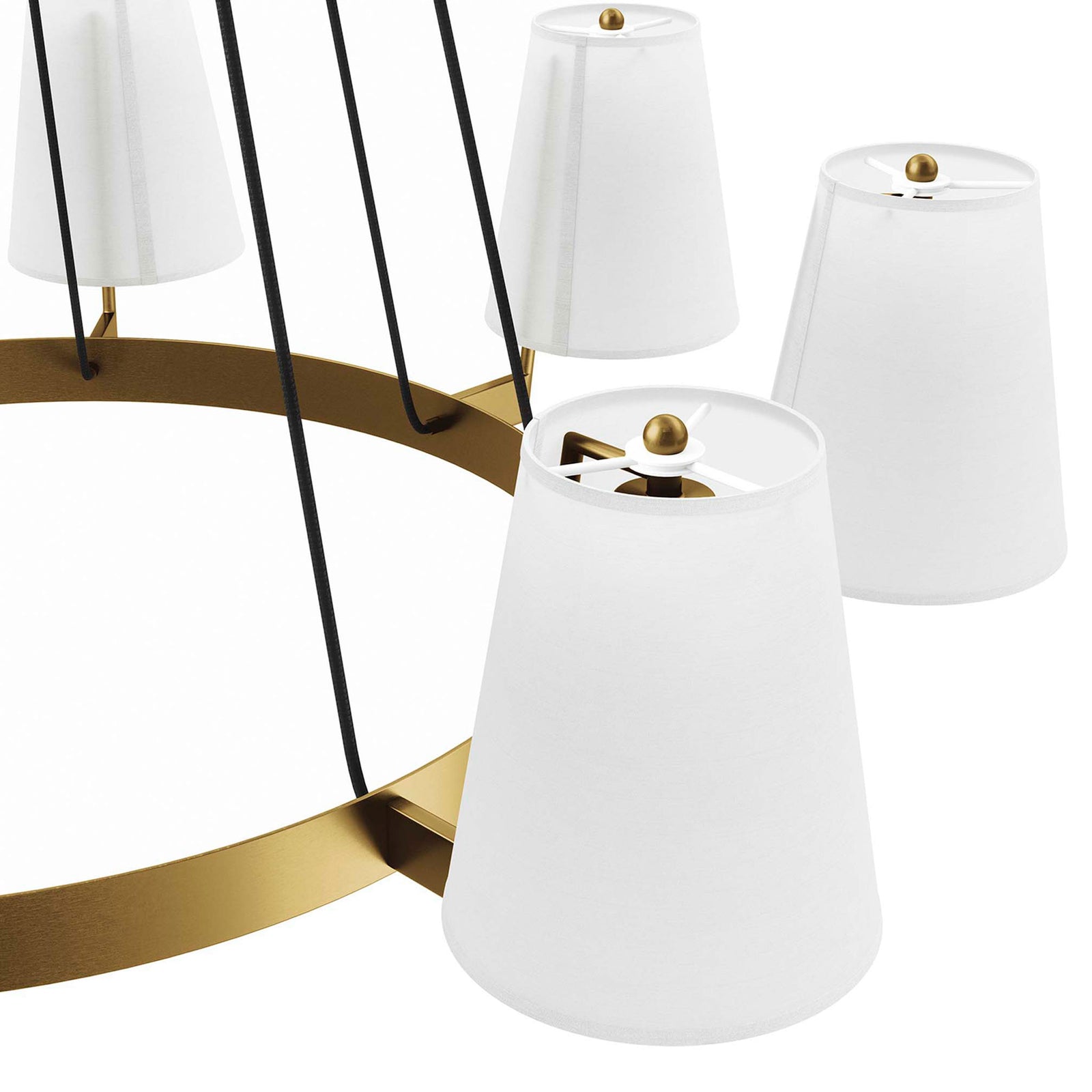 White fabric cone shades with brass finials arranged around the circular frame || EEI-5641-WHI-SBR || shade_studio