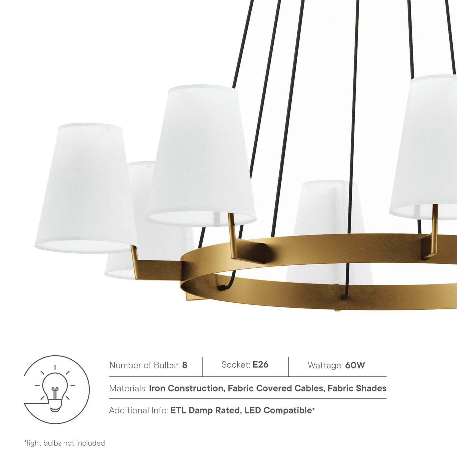 Eight-light chandelier with E26 sockets, iron construction, and LED-compatible design || EEI-5641-WHI-SBR || callout_studio