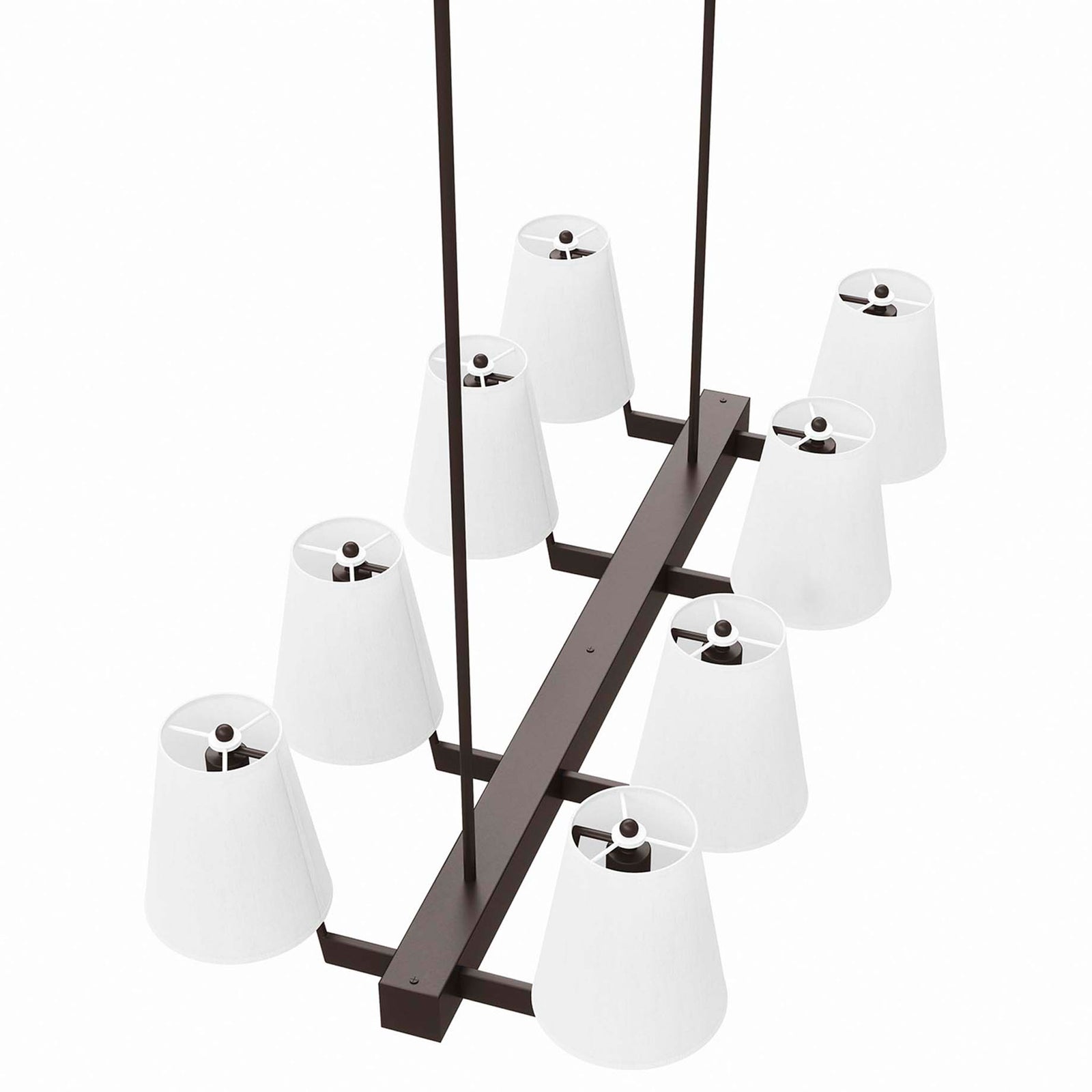 Eight tapered white shades arranged in two rows on a streamlined bronze bar || EEI-5642-WHI-BRZ || top_angle_studio