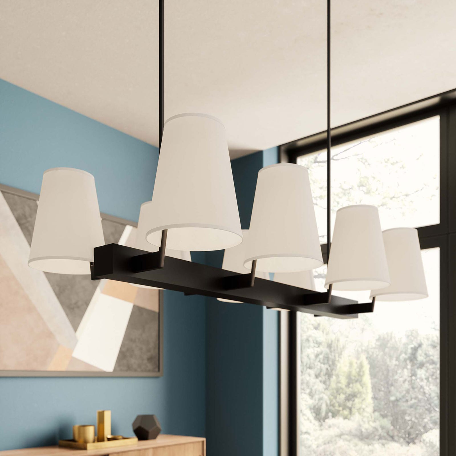 Refined bronze chandelier adds tailored contrast with bright white fabric shades || EEI-5642-WHI-BRZ || front_angle_room