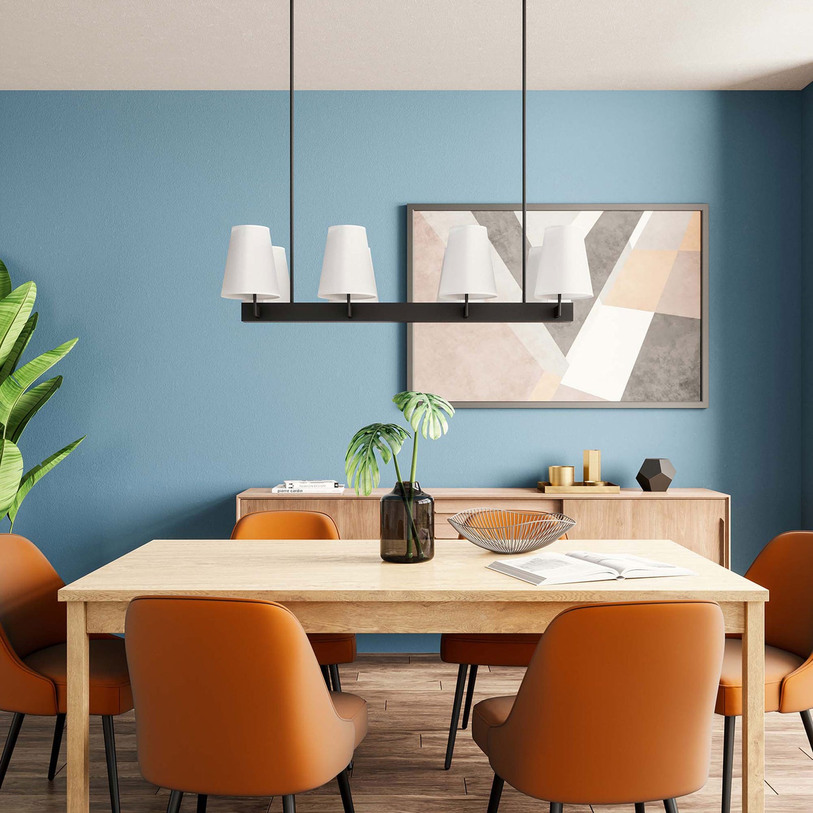 Statement linear chandelier elevates dining spaces with symmetrical eight-shade design || EEI-5642-WHI-BRZ || front_room