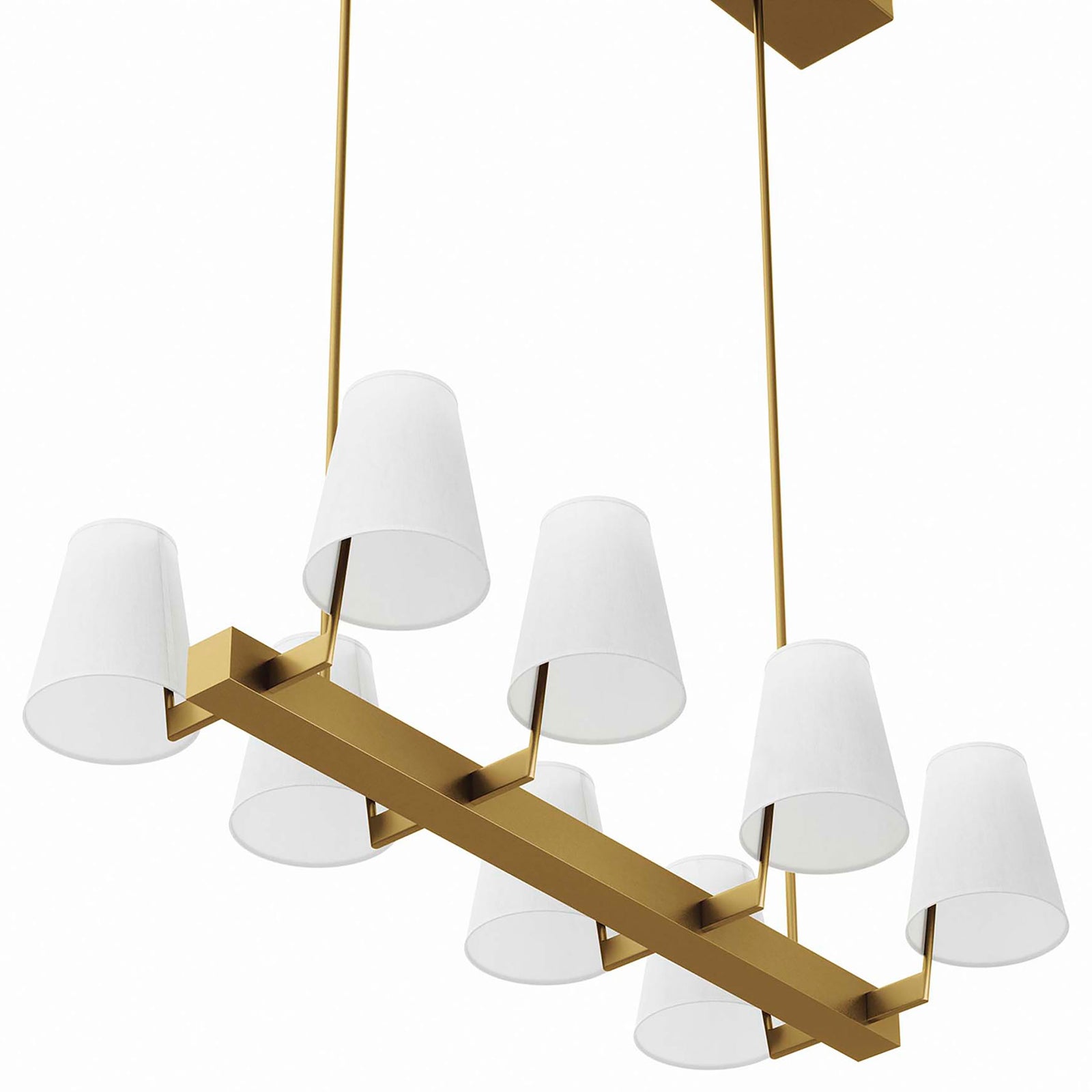 Balanced proportions in warm satin brass complement crisp white cone shades || EEI-5642-WHI-SBR || front_angle_studio
