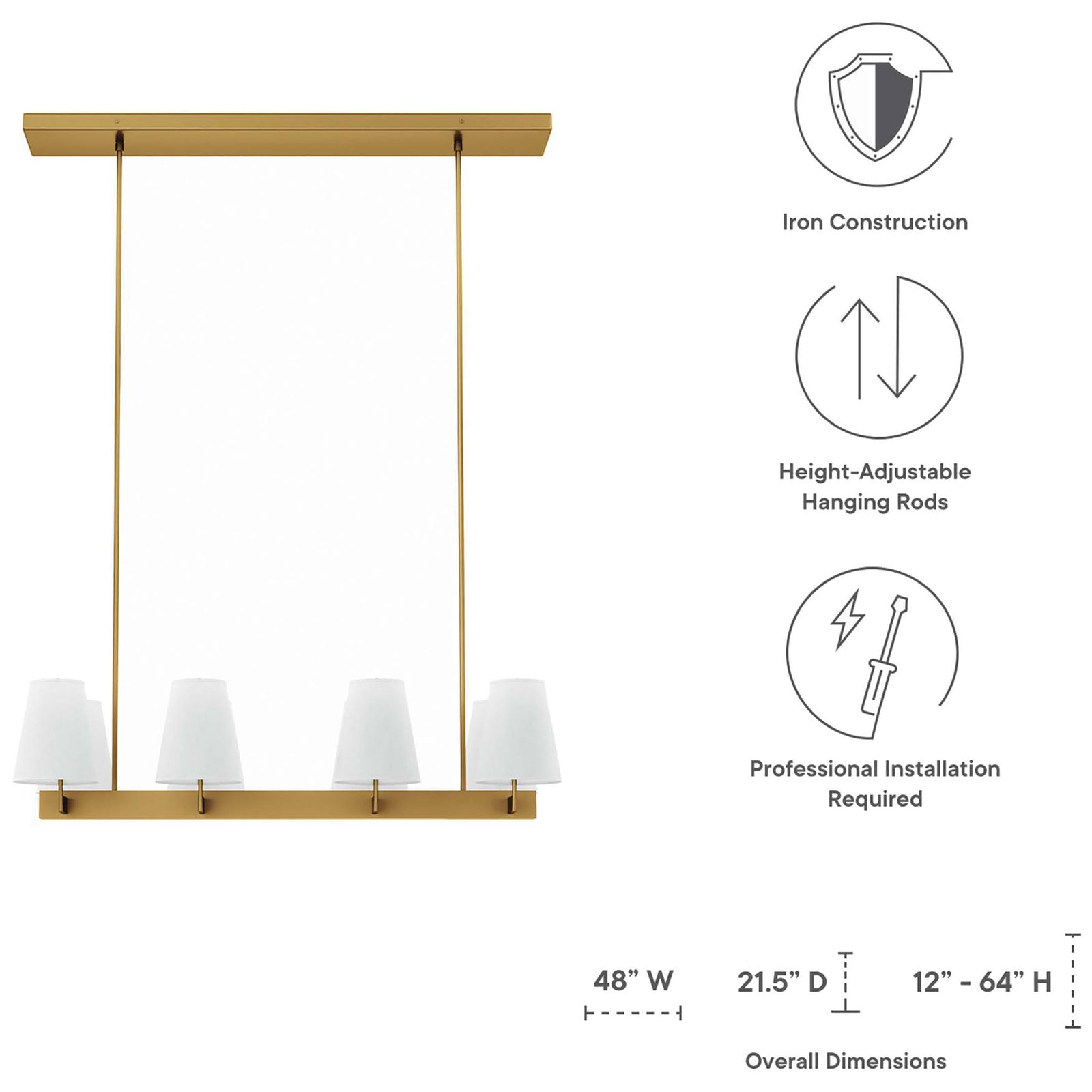 48-inch wide chandelier with 21.5-inch depth and 12 to 64-inch adjustable height || EEI-5642-WHI-SBR || dimension_studio