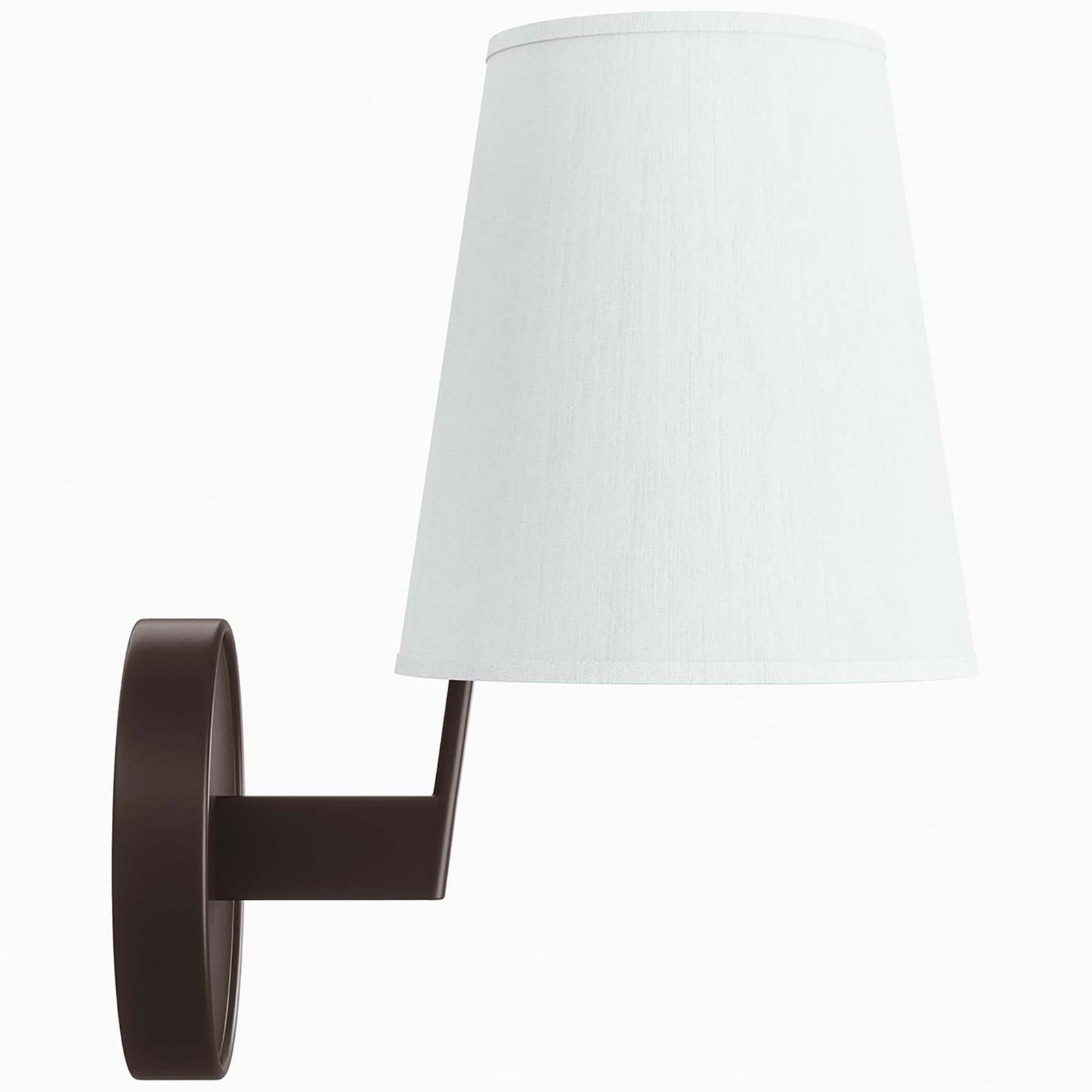 Bronze wall sconce with slim arm projecting a white fabric shade from a round base. || EEI-5643-WHI-BRZ || side_studio