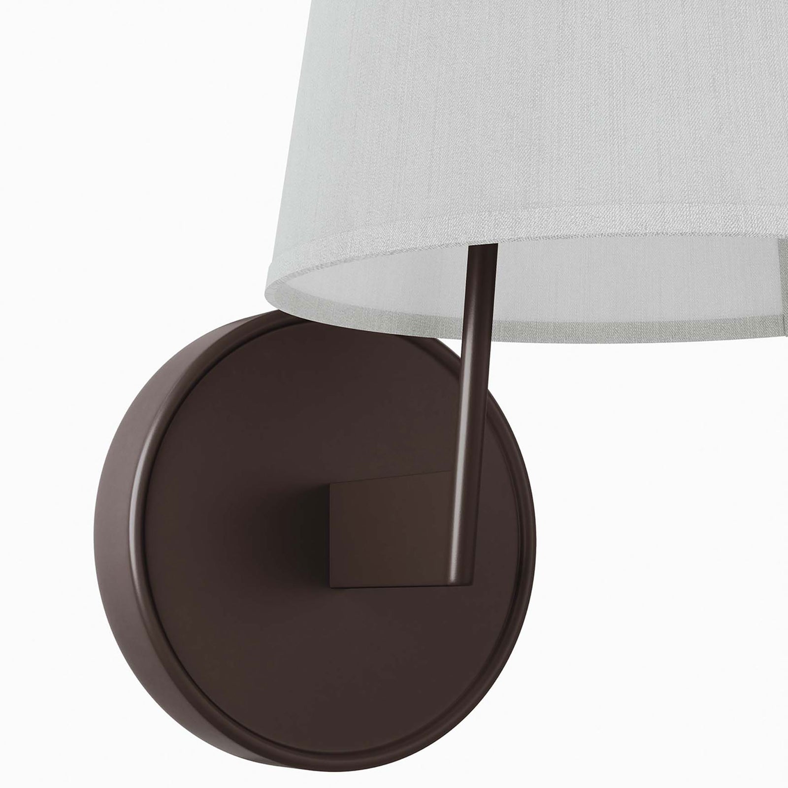 Bronze round backplate and support stem meeting the edge of the white fabric shade. || EEI-5643-WHI-BRZ || detail_studio