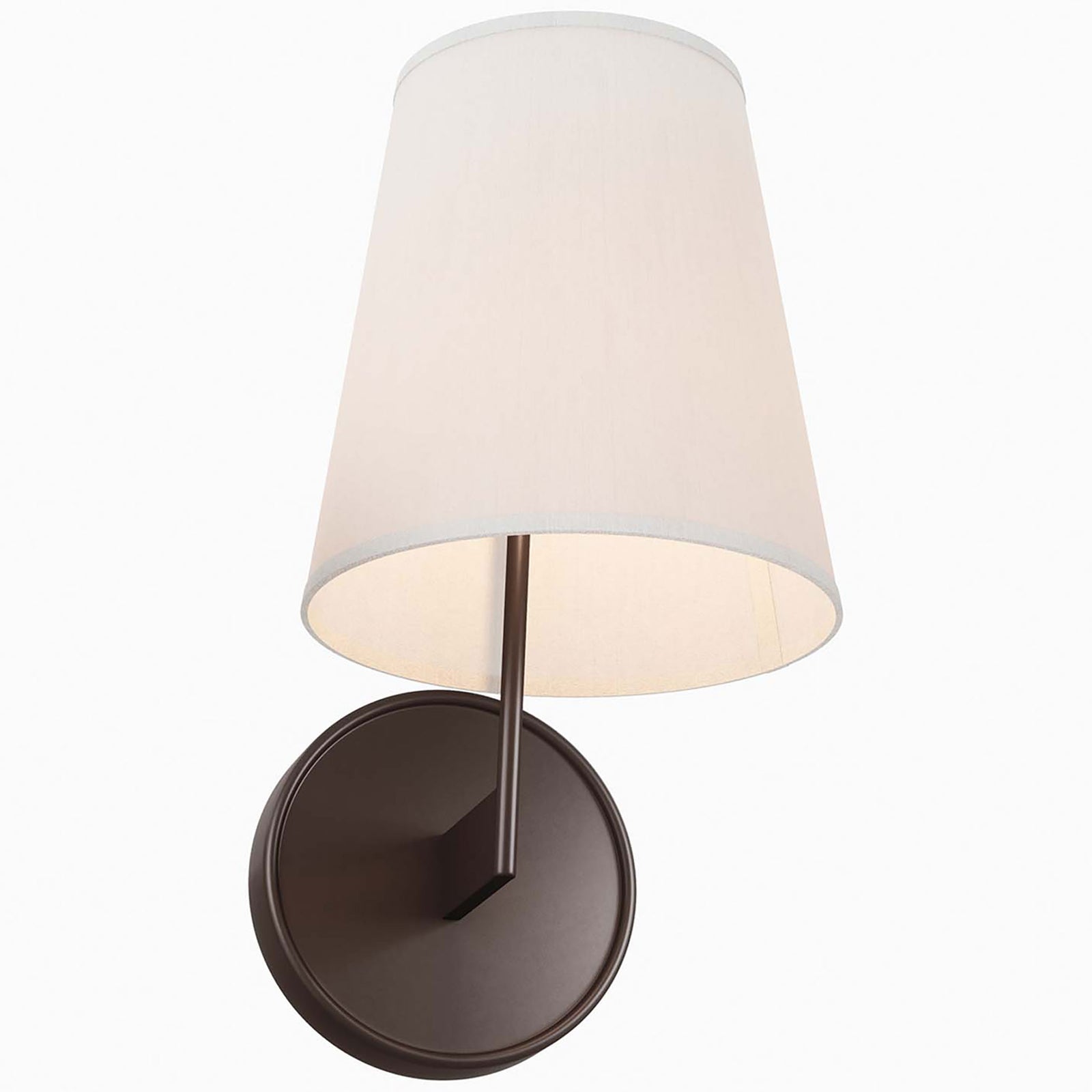 Bronze wall sconce casting warm light from a tapered white fabric shade. || EEI-5643-WHI-BRZ || front_angle_on_studio