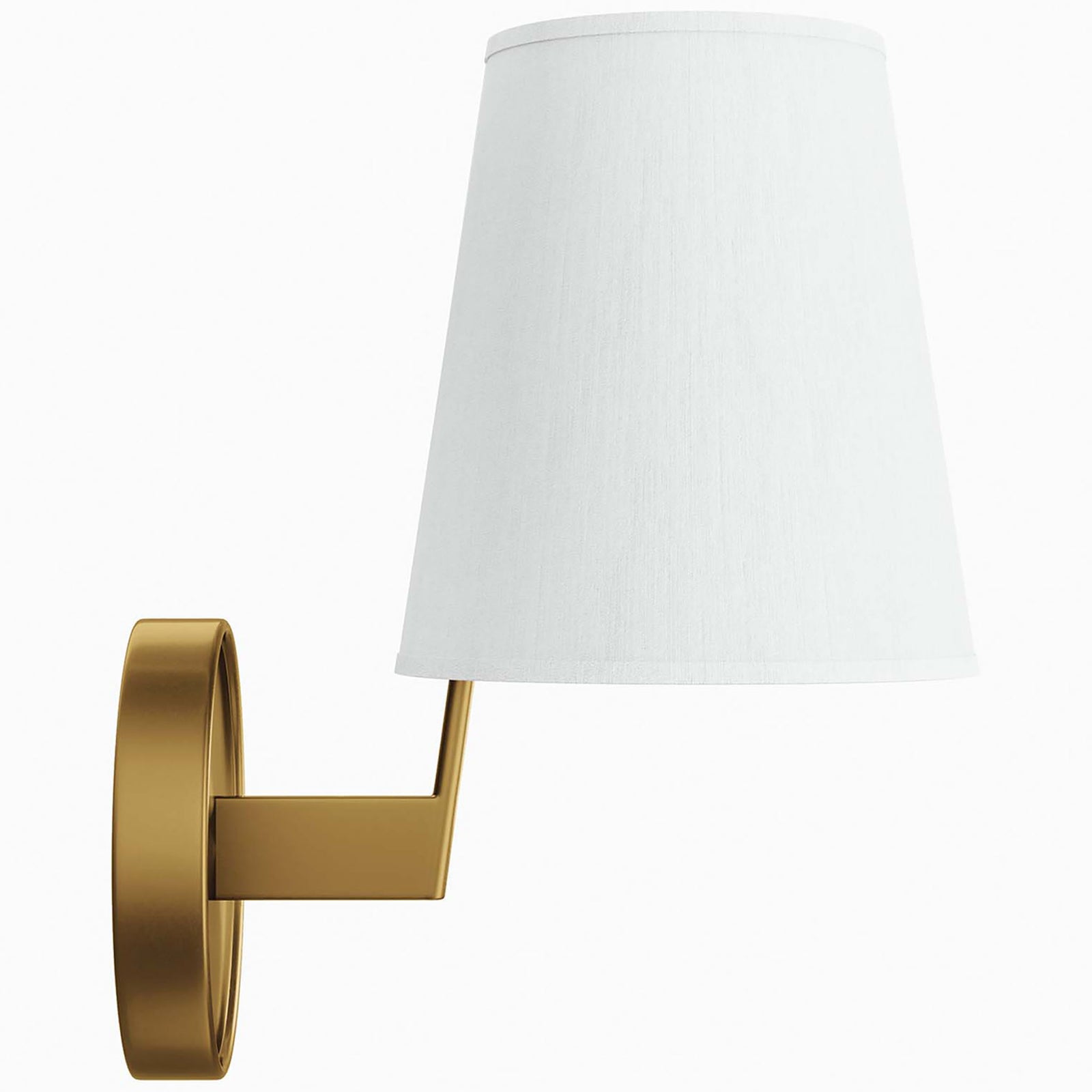 Satin brass wall sconce with straight arm extending a white fabric shade from a round base. || EEI-5643-WHI-SBR || side_studio