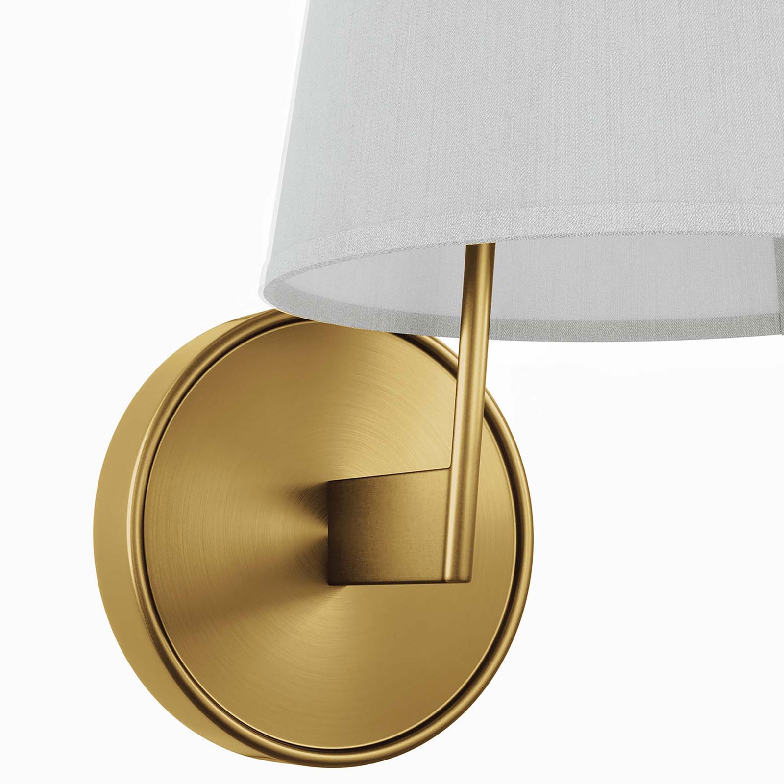 Satin brass backplate and support stem accenting the lower edge of the white fabric shade. || EEI-5643-WHI-SBR || detail_studio