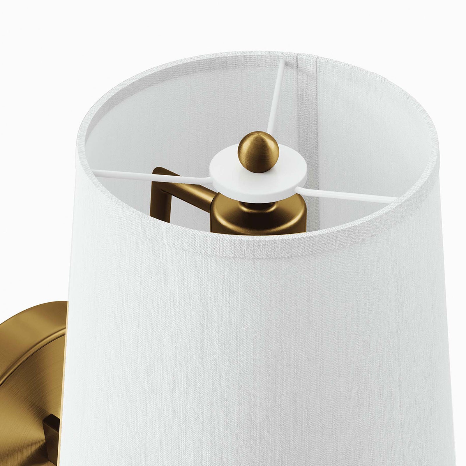 White fabric lampshade with satin brass finial and crossbar frame inside the cone. || EEI-5643-WHI-SBR || shade_studio