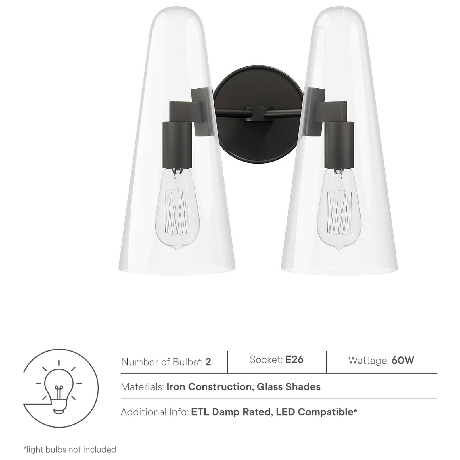 Beacon black 2-light wall sconce with clear glass shades, iron construction, and ETL damp rating || EEI-5646-CLR-BLK || callout_studio