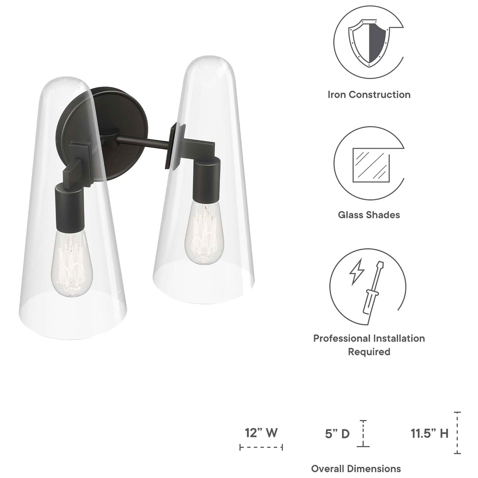 Beacon black wall sconce with dual clear glass cones and labeled overall dimensions || EEI-5646-CLR-BLK || dimension_studio