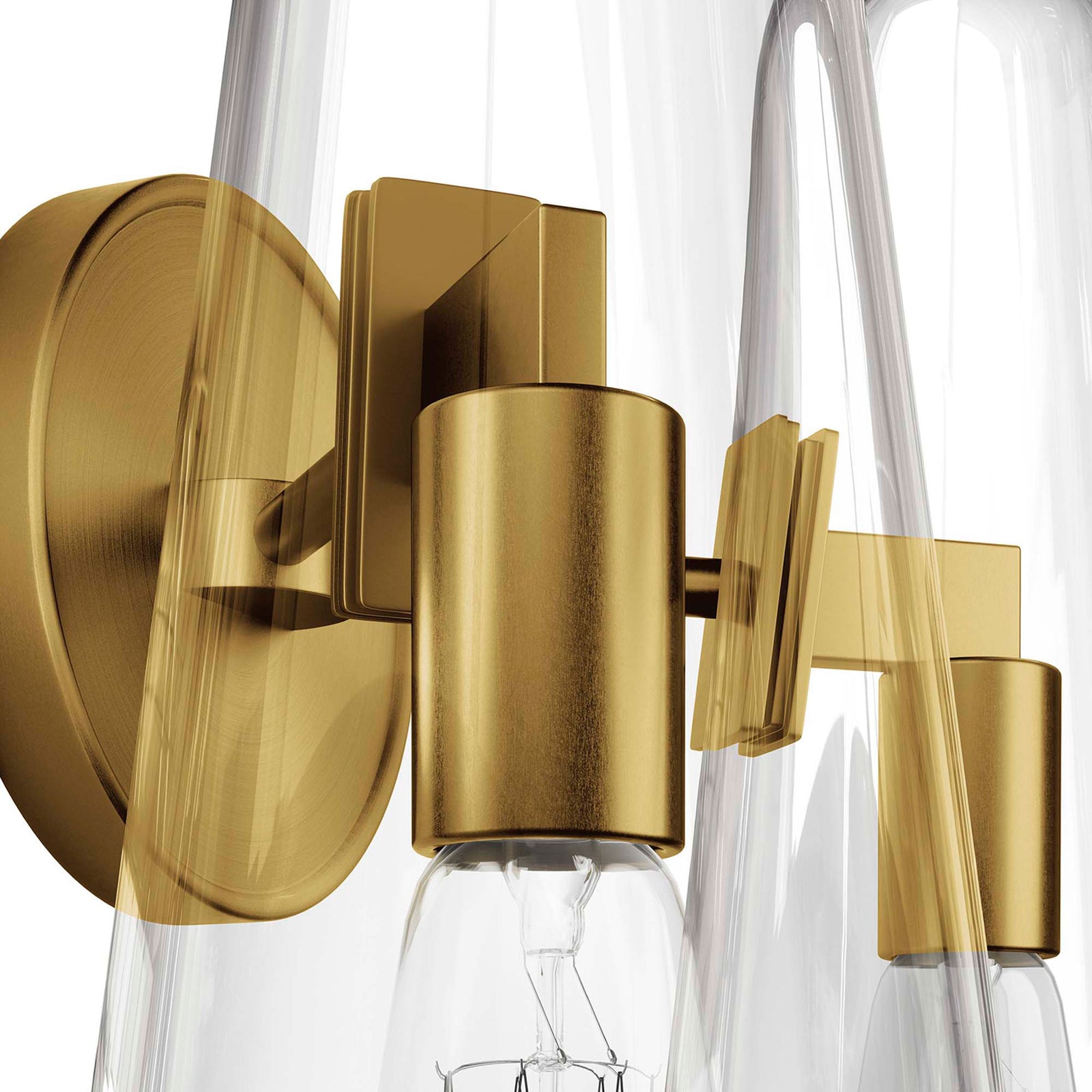Brushed satin brass sockets and angular arms framed by slim clear glass cone shades || EEI-5646-CLR-SBR || detail_studio