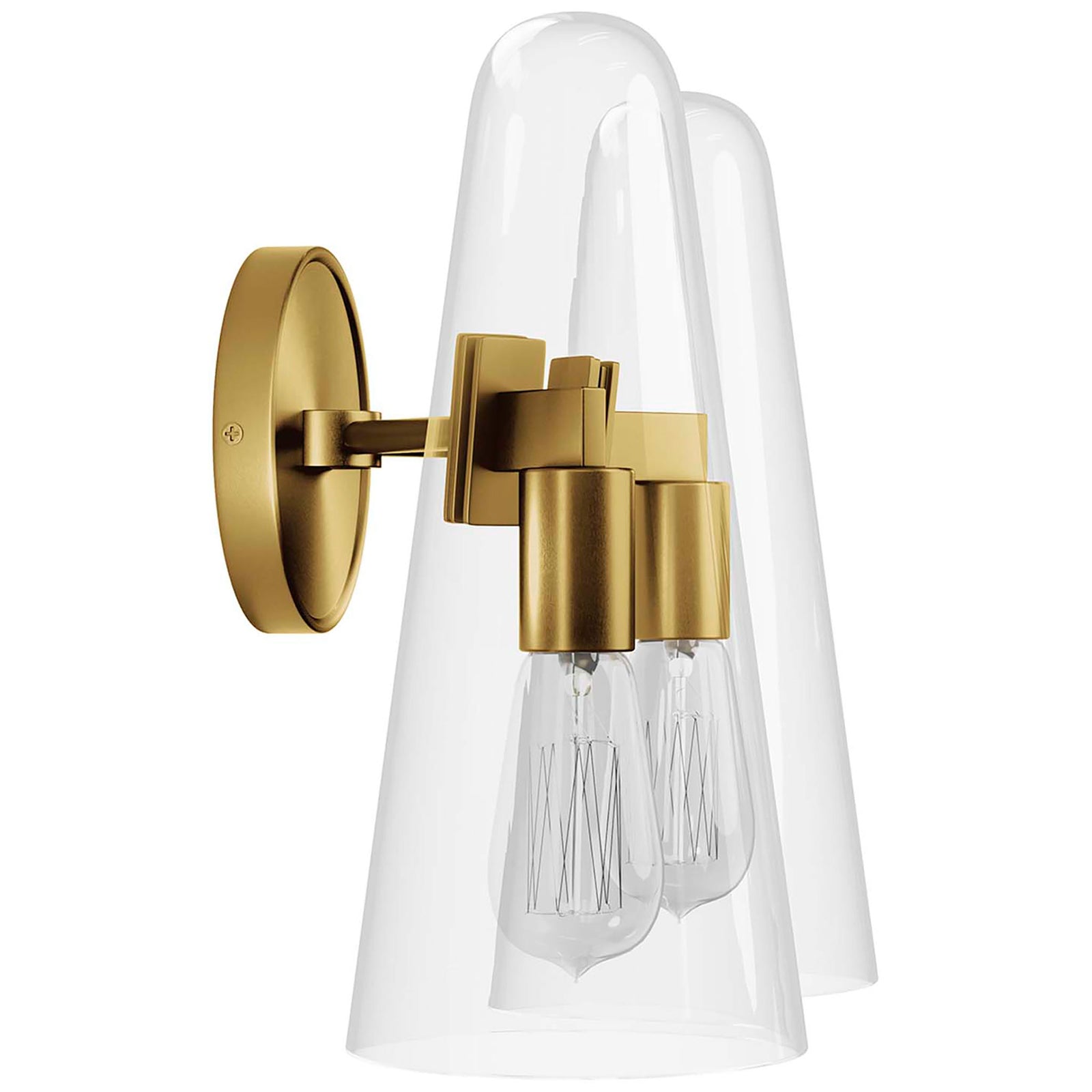Slim dual clear glass cones extend from a round satin brass backplate for modern lighting || EEI-5646-CLR-SBR || side_studio