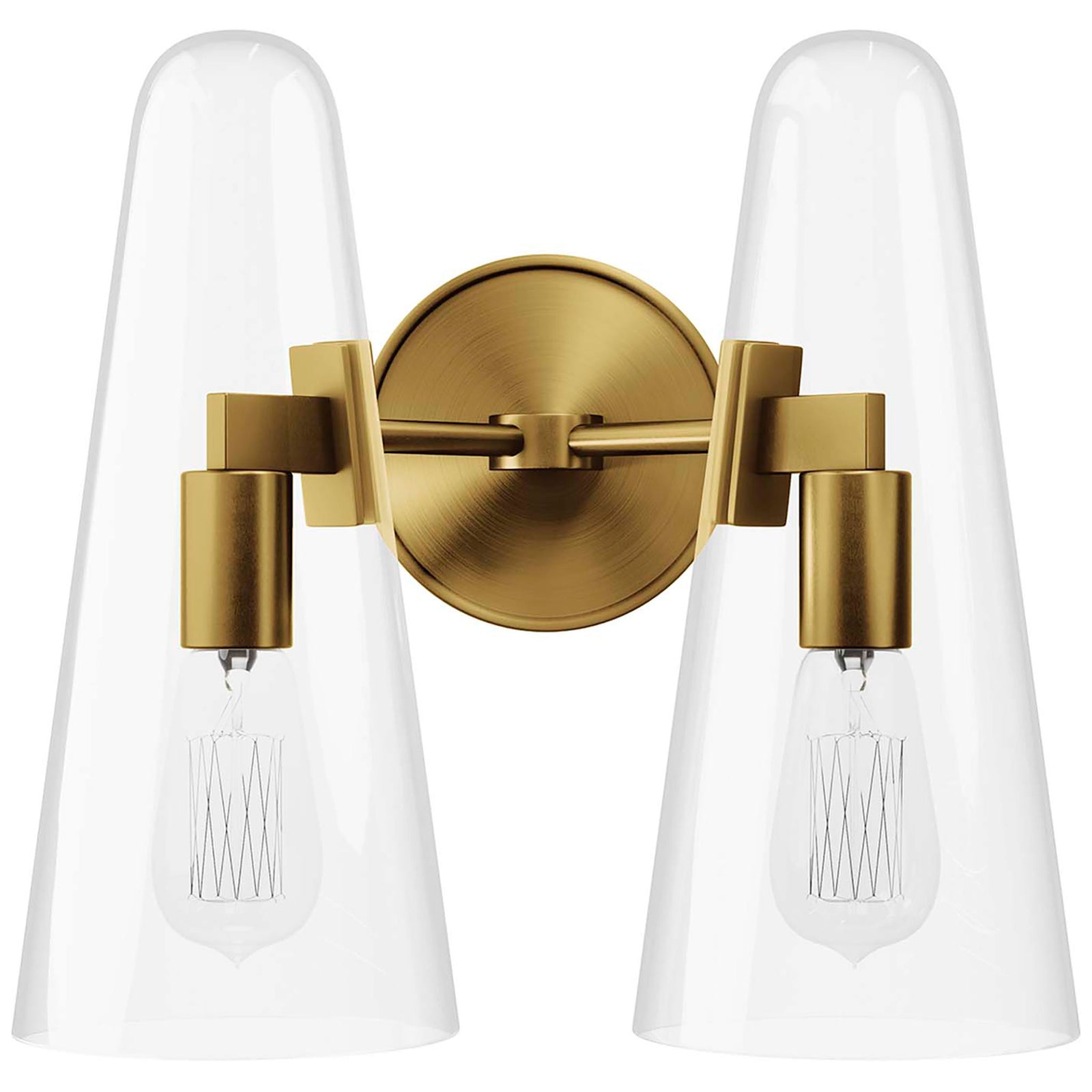 Minimalist satin brass 2-light wall sconce with symmetrical clear glass cone shades || EEI-5646-CLR-SBR || front_studio