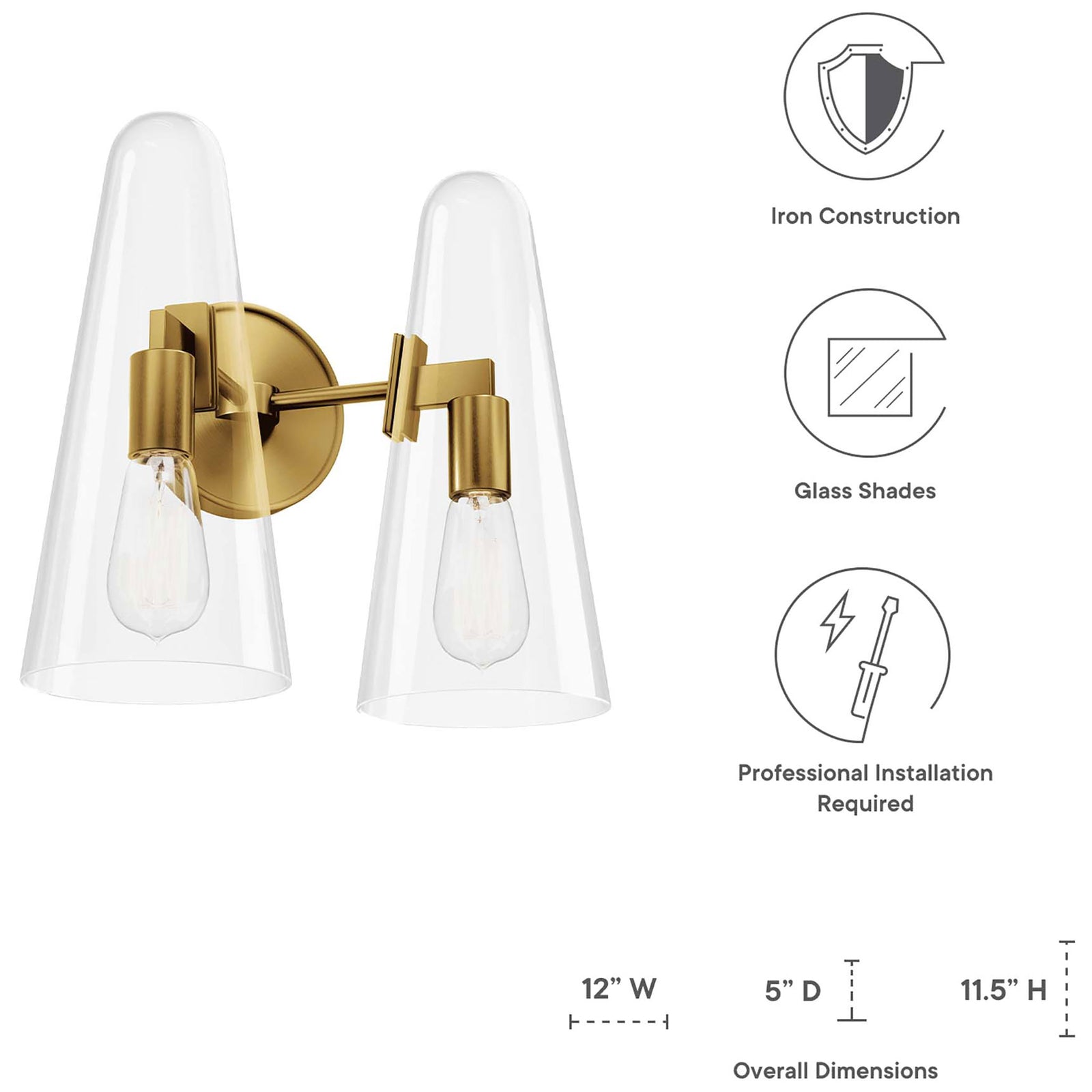 Beacon satin brass wall sconce with dual clear glass cones and labeled overall dimensions || EEI-5646-CLR-SBR || dimension_studio