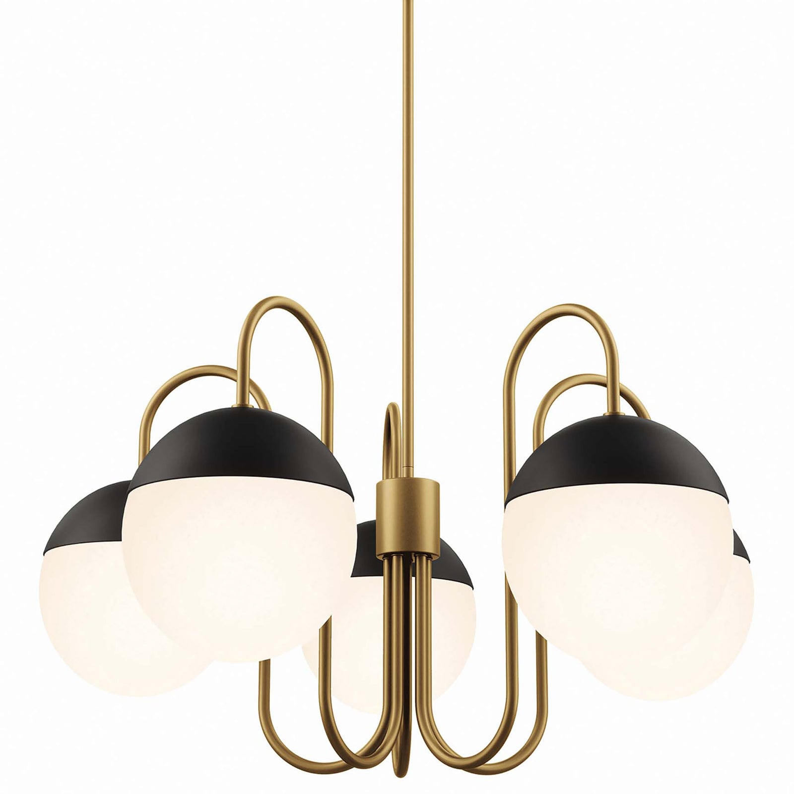 Glowing opal glass globes contrast with satin brass curves and black caps for inviting ambiance || EEI-5658-OPA-SBR || front_on_studio