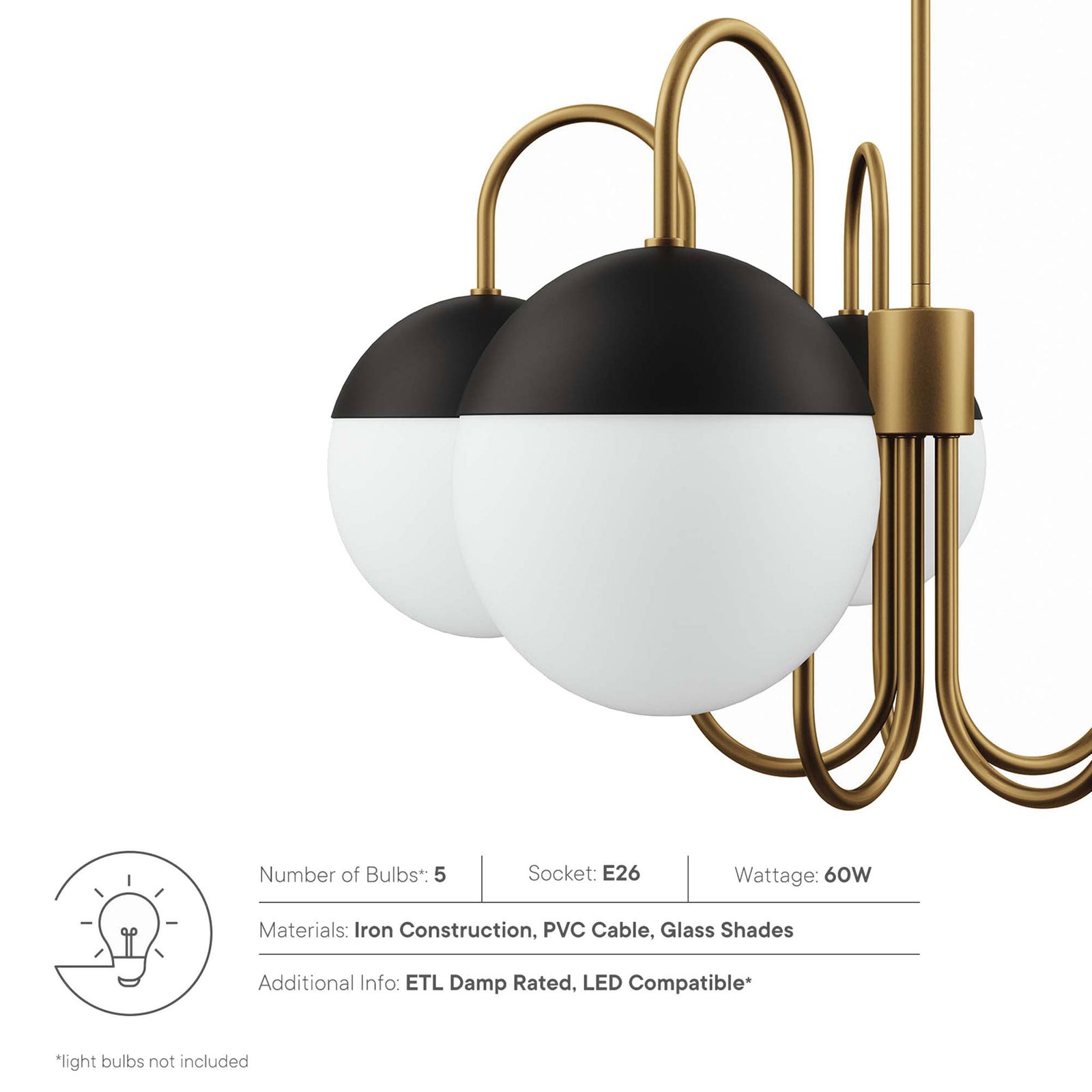 Five E26 sockets, opal glass shades, and a damp-rated design for versatile, reliable lighting || EEI-5658-OPA-SBR || callout_studio