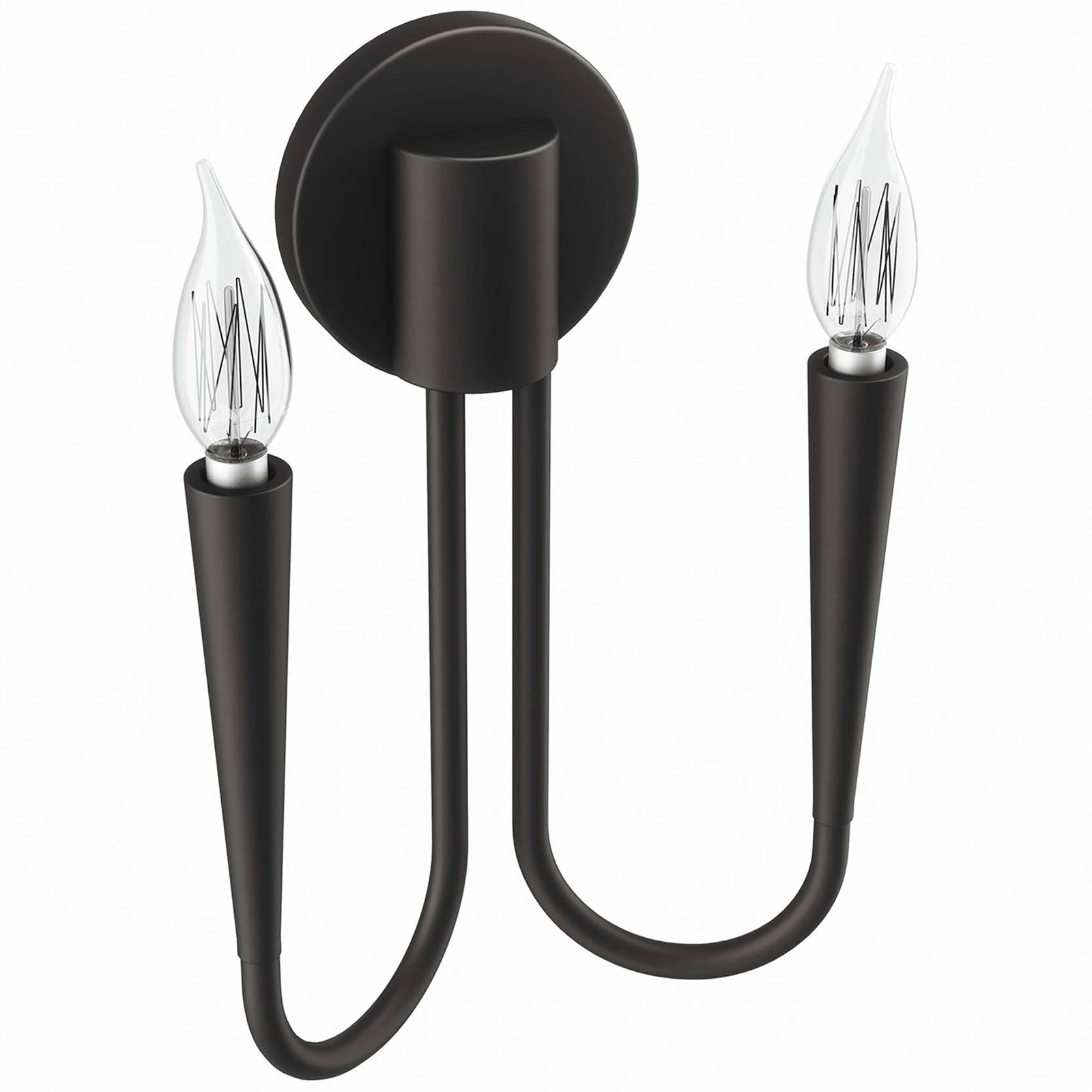 Modern black Penrose wall sconce with twin U-shaped arms and sleek tapered candle sockets. || EEI-5666-BLK || front_angle_studio