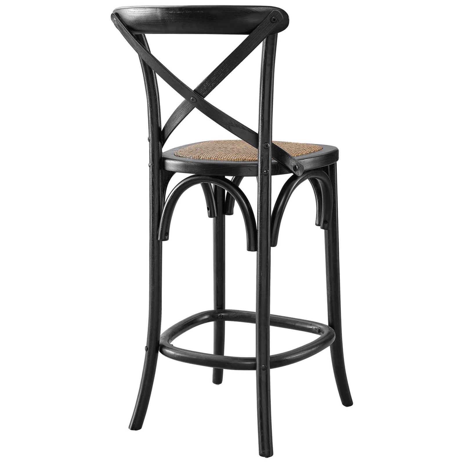 Counter stool highlights curved top rail, X-brace back, and arched apron in black wood. || EEI-5667-BLK || back_angle_studio