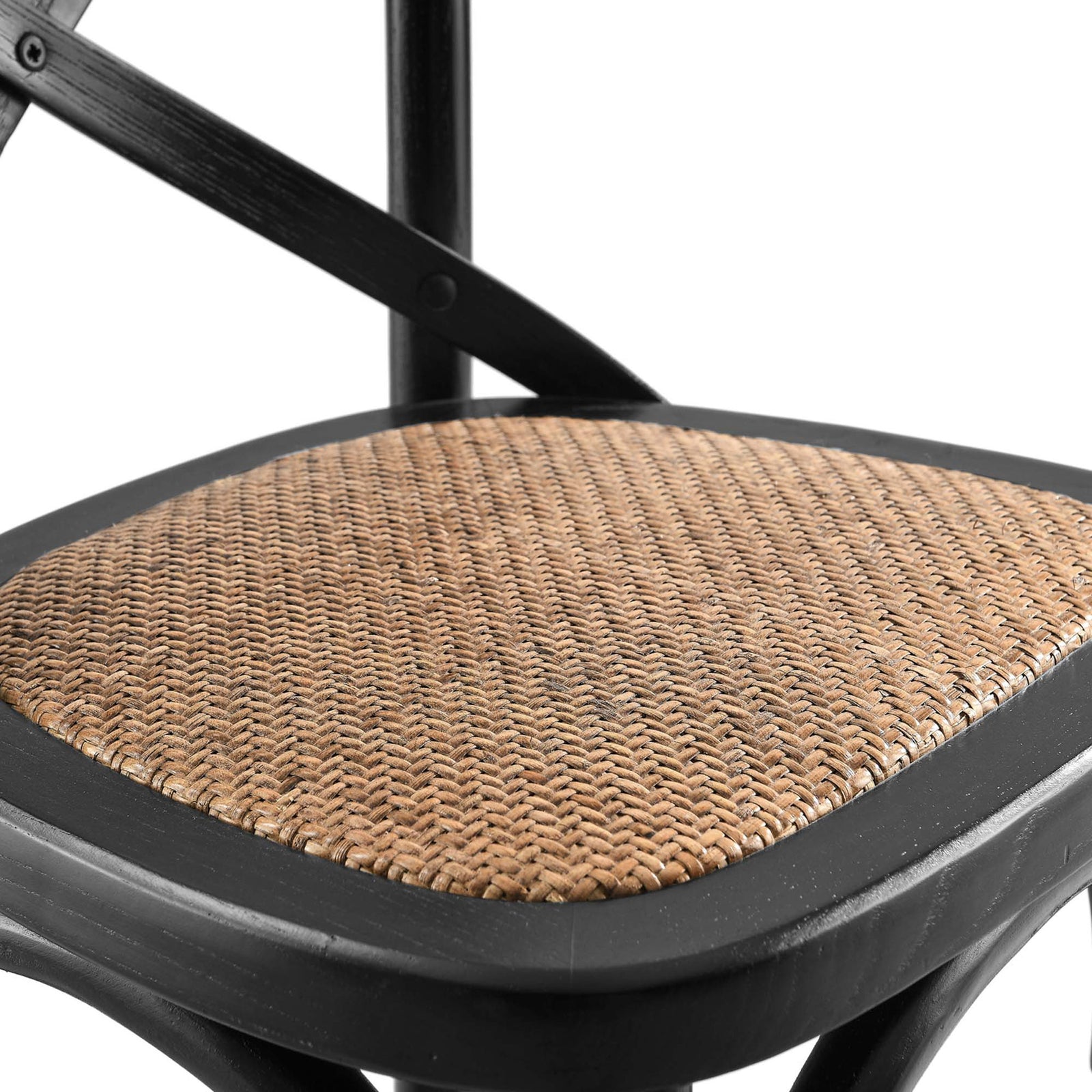 Woven rattan seat framed by smooth black wood adds texture and contrast. || EEI-5667-BLK || detail_studio