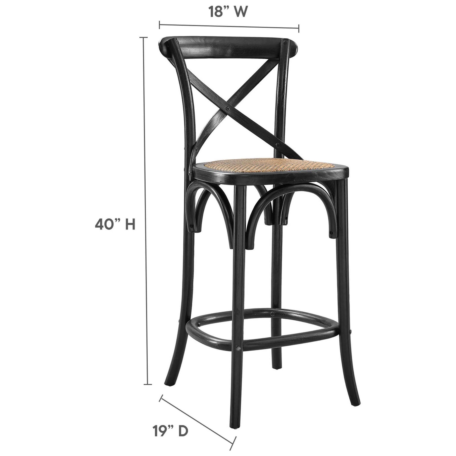 Counter stool with X-back and woven rattan seat in a compact, space-savvy silhouette. || EEI-5667-BLK || dimension_studio