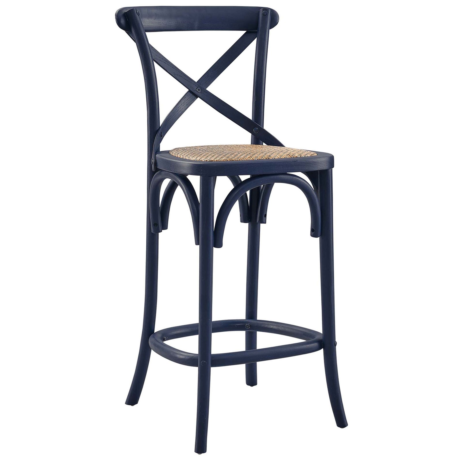 Curved legs and footrest accent this midnight blue counter stool with X-back and rattan seat. || EEI-5667-MID || front_angle_studio