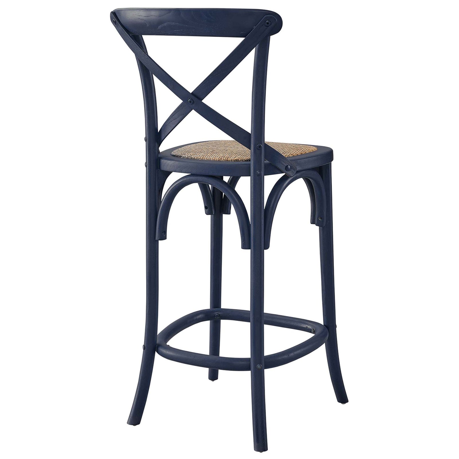 X-brace back detail and smooth midnight blue finish bring farmhouse charm to this counter stool. || EEI-5667-MID || back_angle_studio