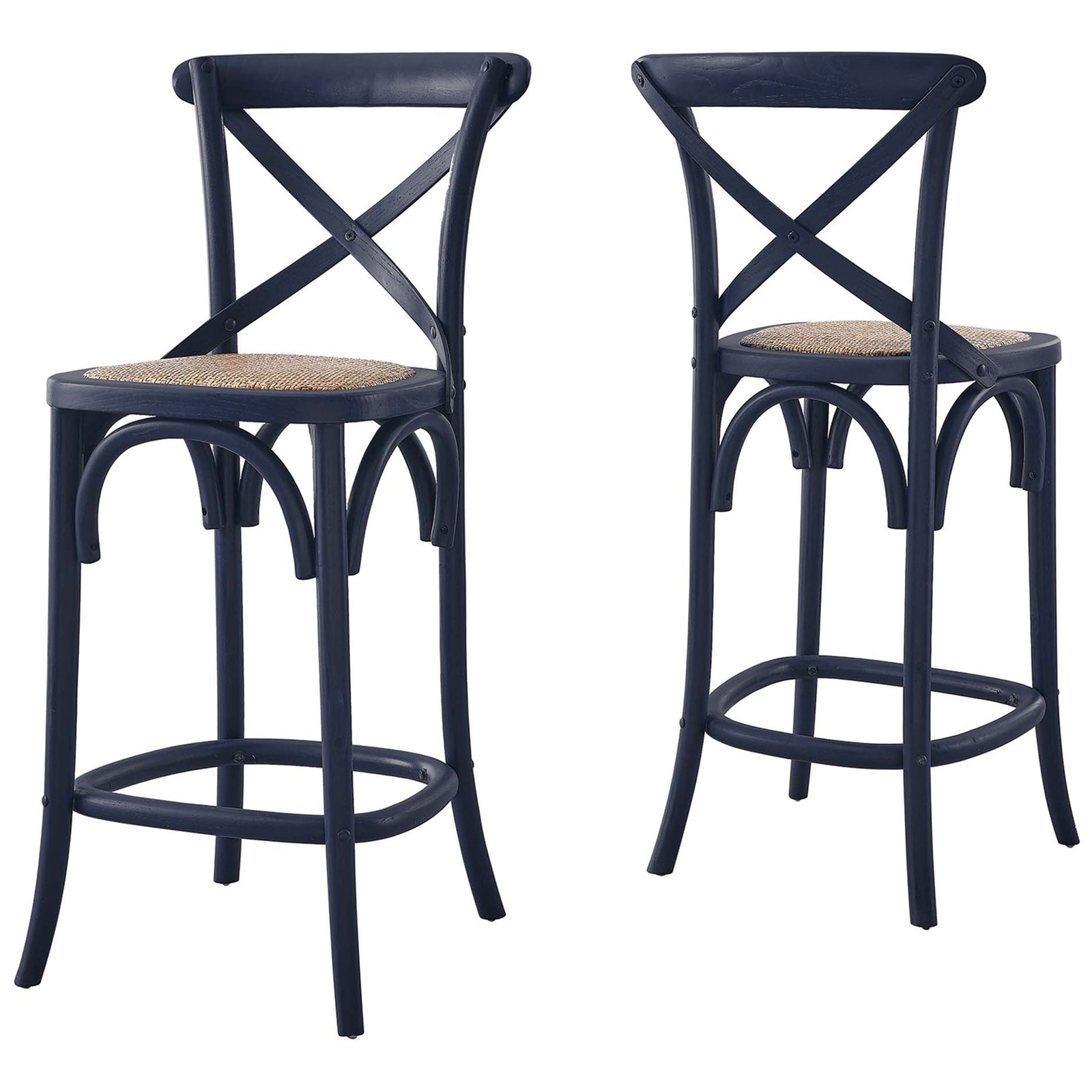 Set the tone with a pair of midnight blue counter stools featuring X-backs and woven rattan seats. || EEI-5667-MID || front_angle_studio