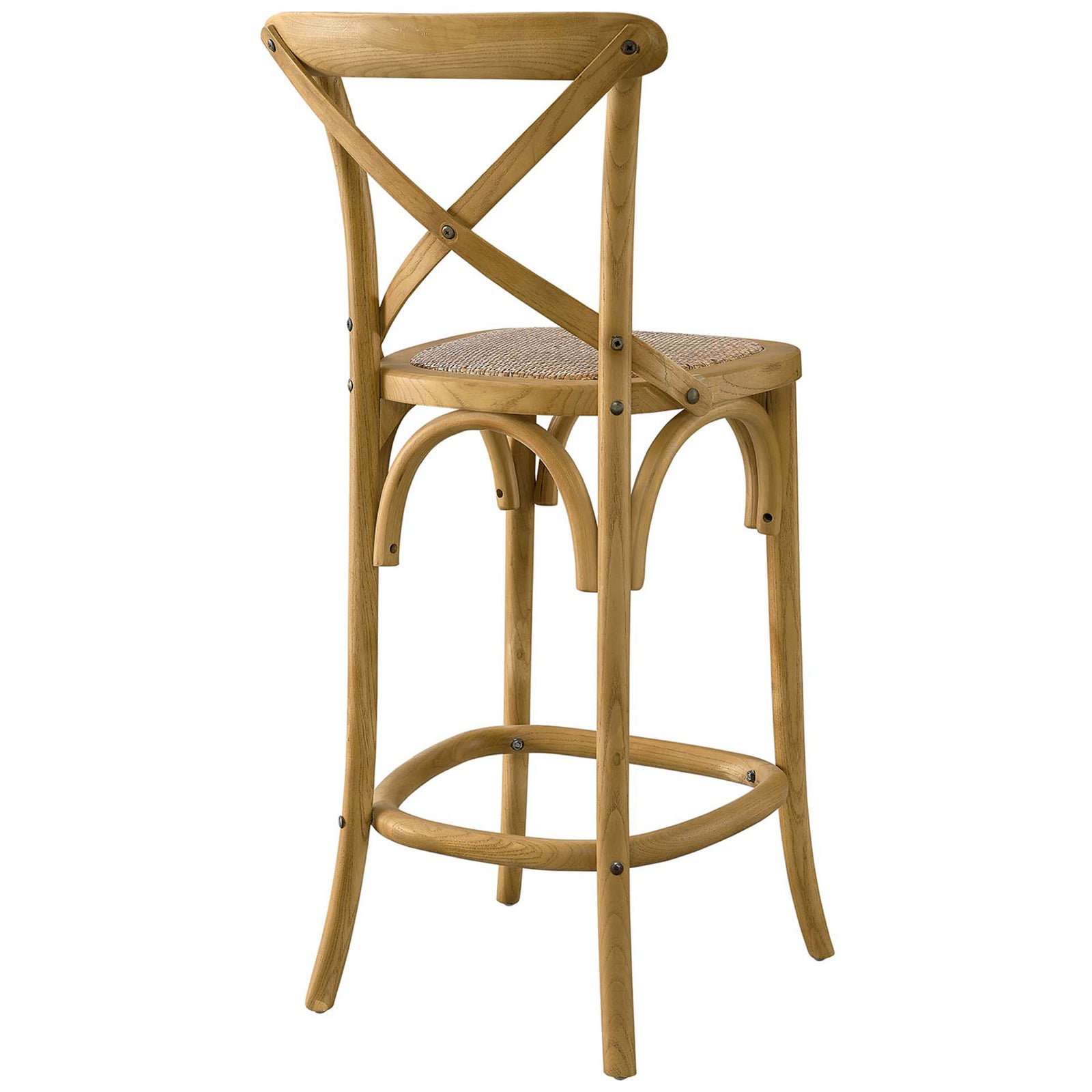 Sturdy X-back counter stool with arched side braces and a smooth natural wood finish. || EEI-5667-NAT || back_angle_studio