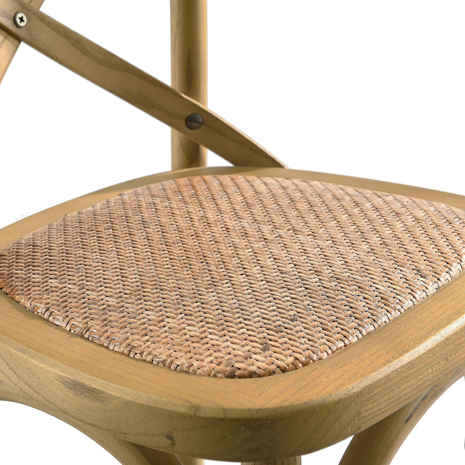 Handwoven rattan seat adds texture and comfort to the solid elm counter stool. || EEI-5667-NAT || detail_studio