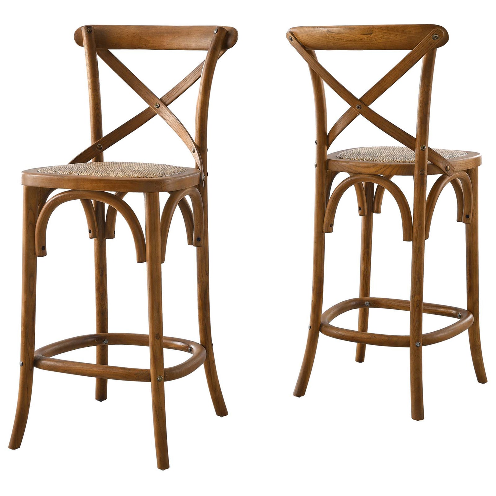 Pair-ready counter stool design with X-back and supportive footrest ring || EEI-5667-WAL || front_angle_studio