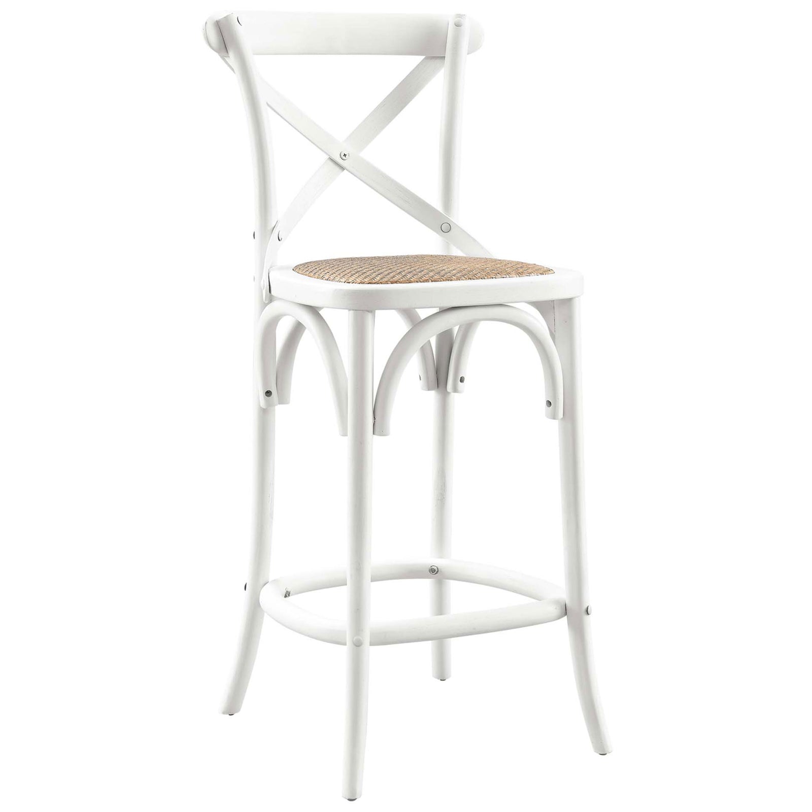 Farmhouse counter stool in white elm with rattan seat and arched supports. || EEI-5667-WHI || front_angle_studio
