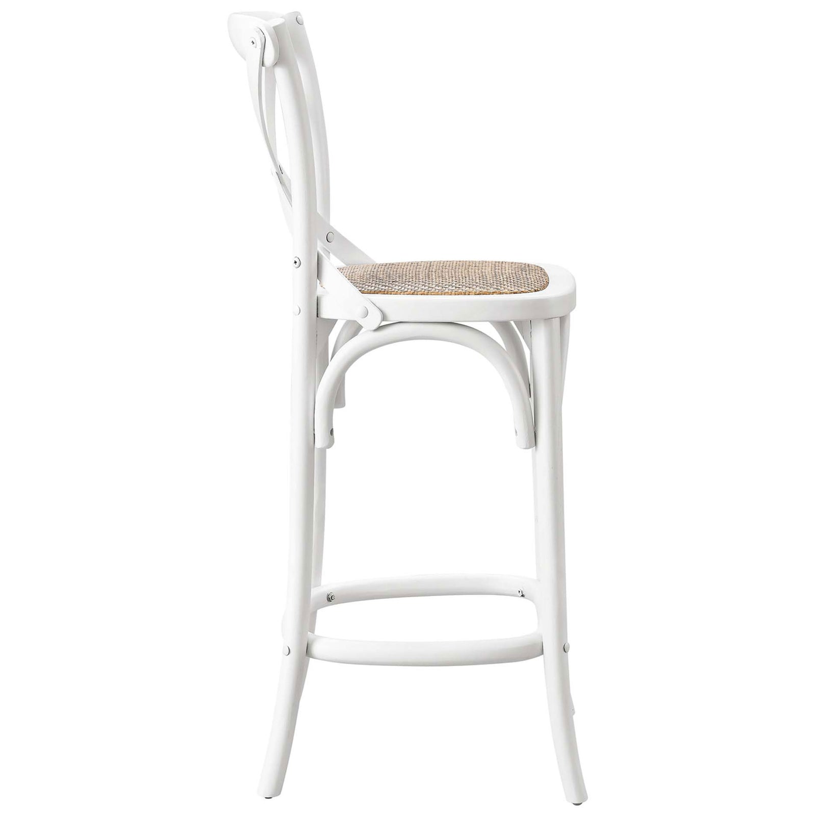 Streamlined counter stool shows slim profile, round footrest, and woven seat. || EEI-5667-WHI || side_studio