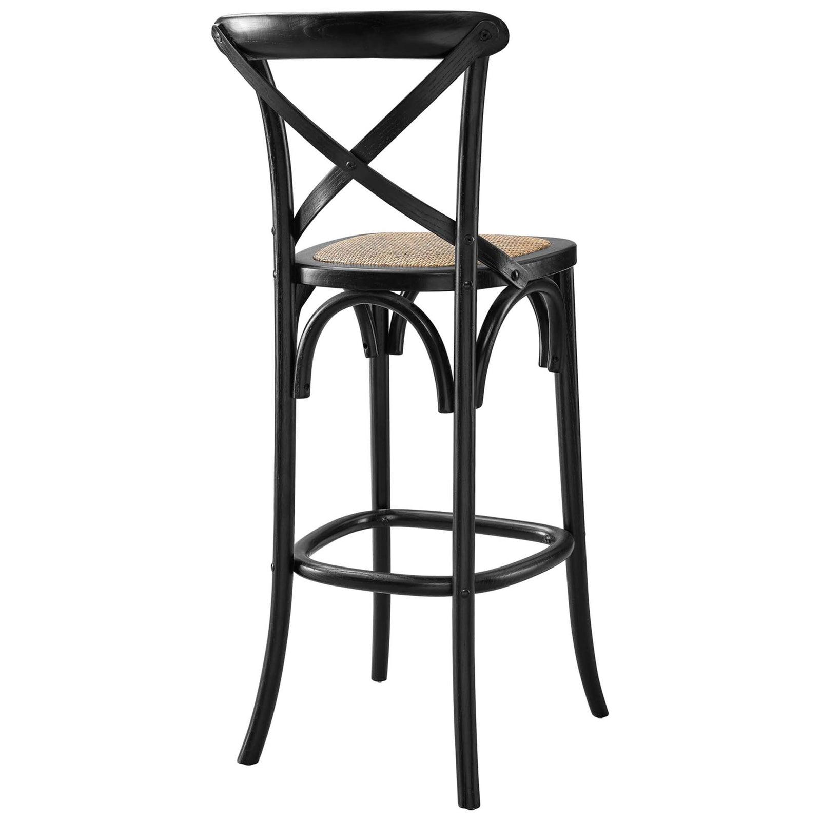 Bar stool emphasizes sculpted X-brace back and arched apron in a black wood finish. || EEI-5668-BLK || back_angle_studio