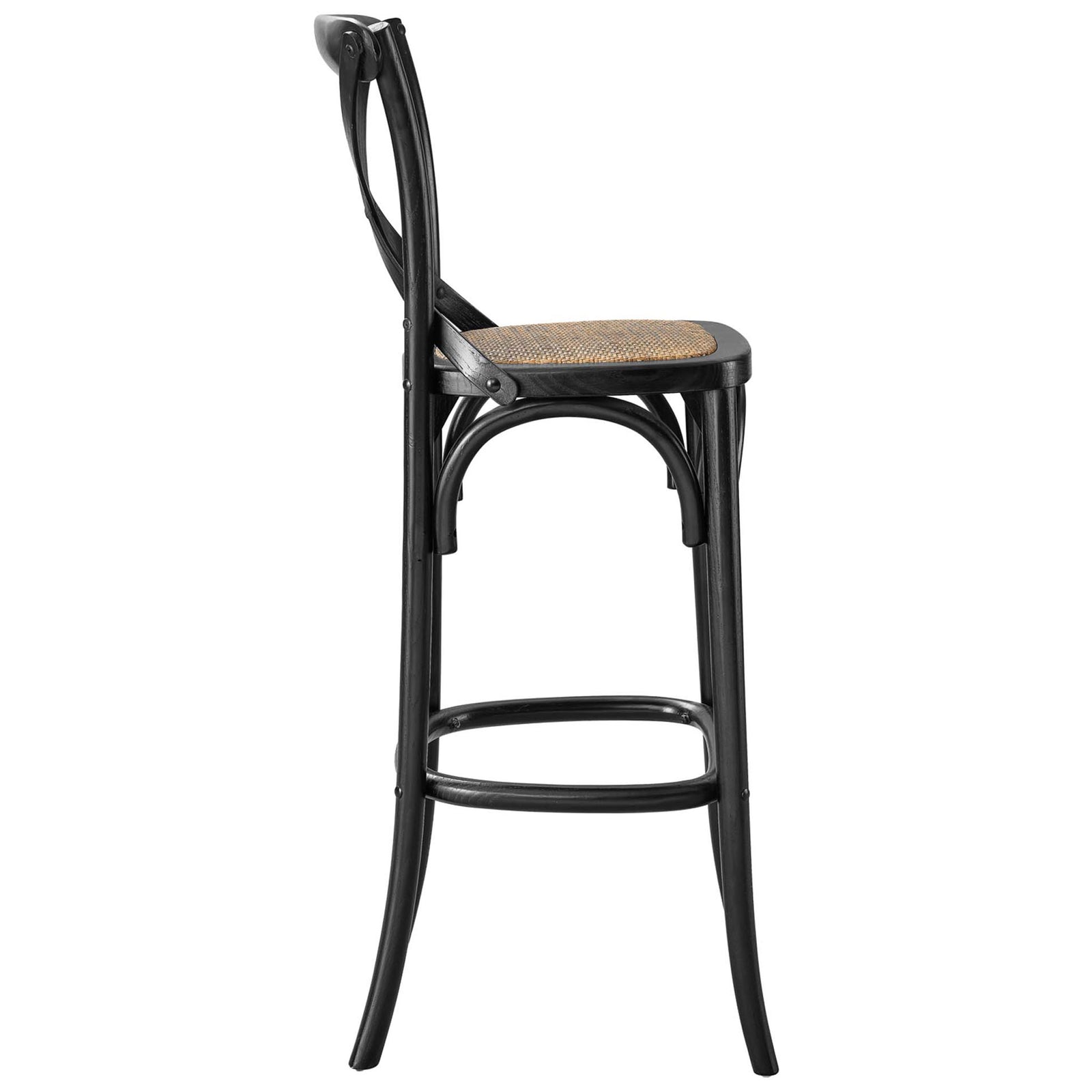 Bar stool with splayed legs, graceful arches, and a supportive circular footrest. || EEI-5668-BLK || side_studio