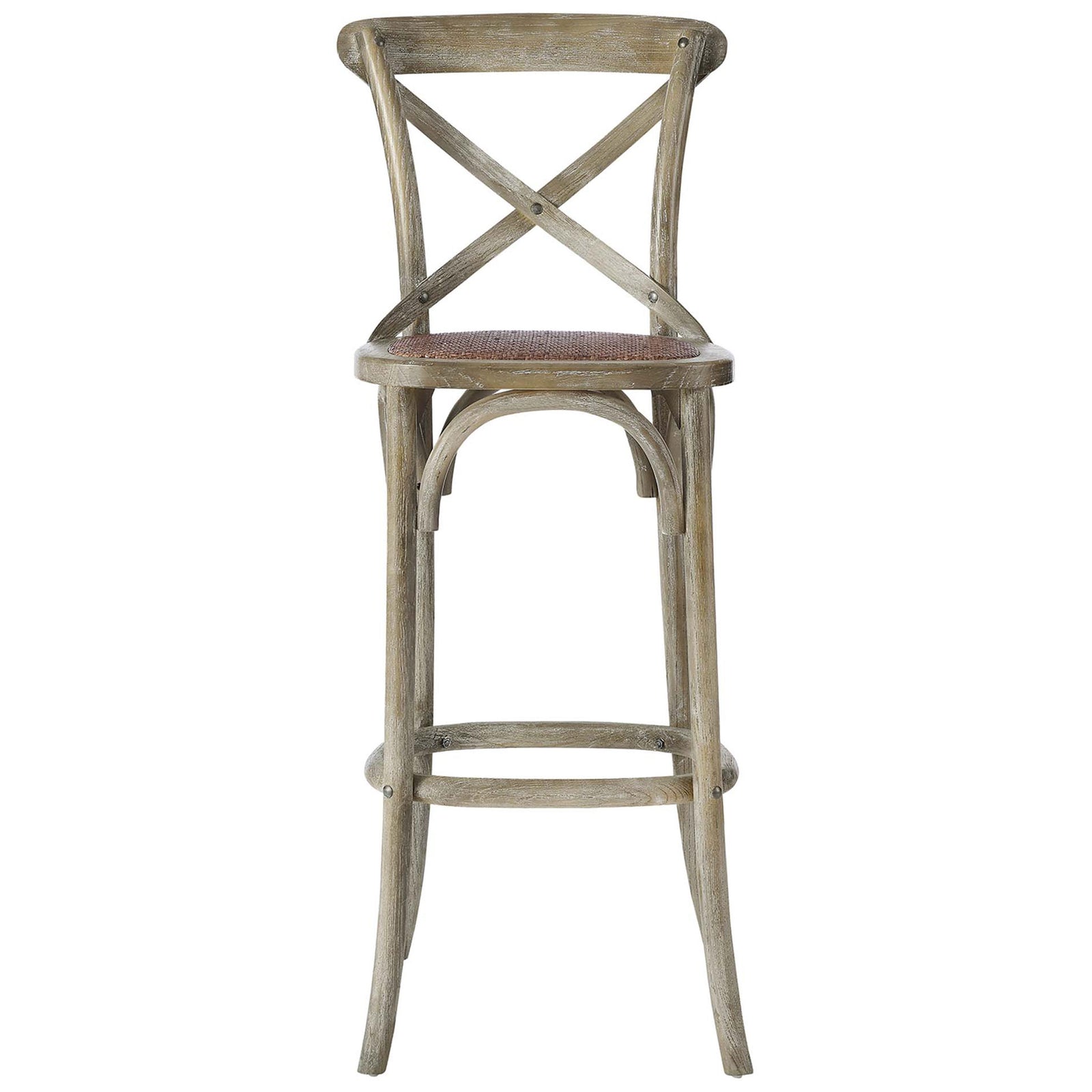 Classic cross-back bar stool with woven rattan seat and arched base in a weathered gray elm finish || EEI-5668-GRY || front_studio