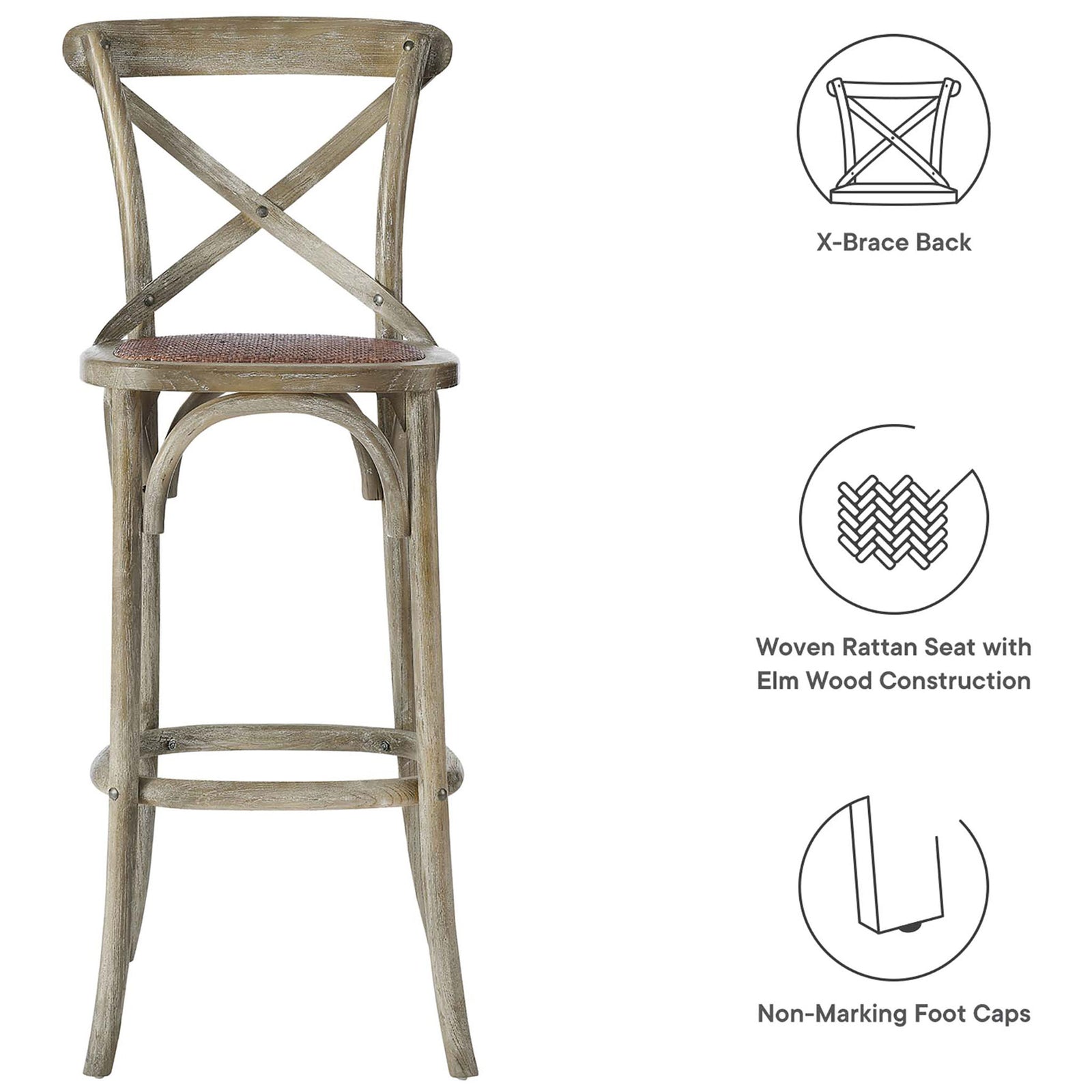 Cross-back bar stool highlights elm wood strength, woven rattan seat, and non-marking foot caps || EEI-5668-GRY || callout_studio