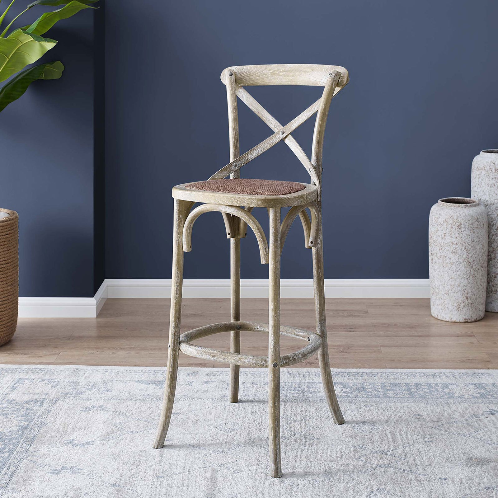 Bar stool brings farmhouse character to the room with a cross-back and woven rattan seat || EEI-5668-GRY || front_angle_room