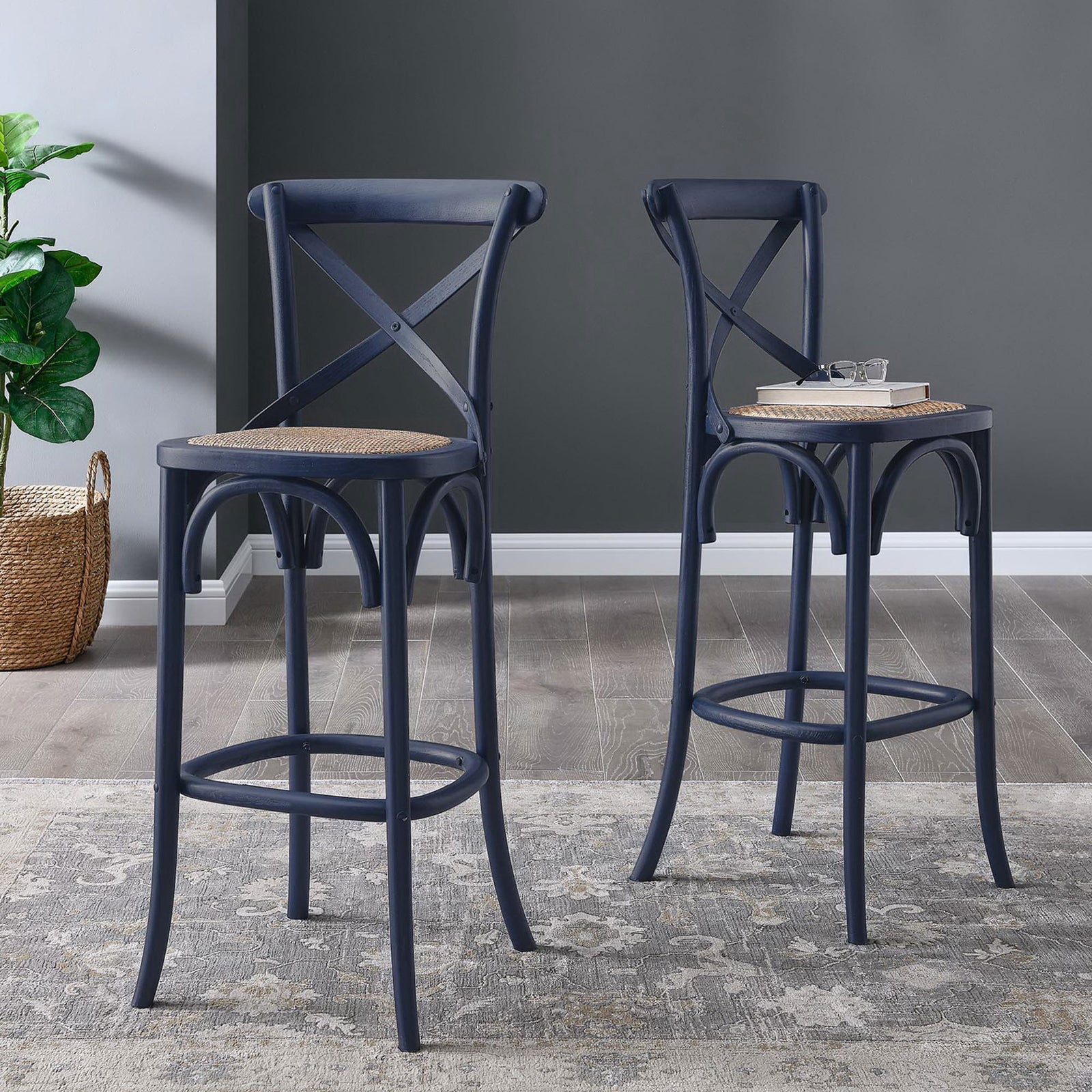 Two coordinating bar stools in midnight blue create an effortless gathering spot. || EEI-5668-MID || front_angle_room
