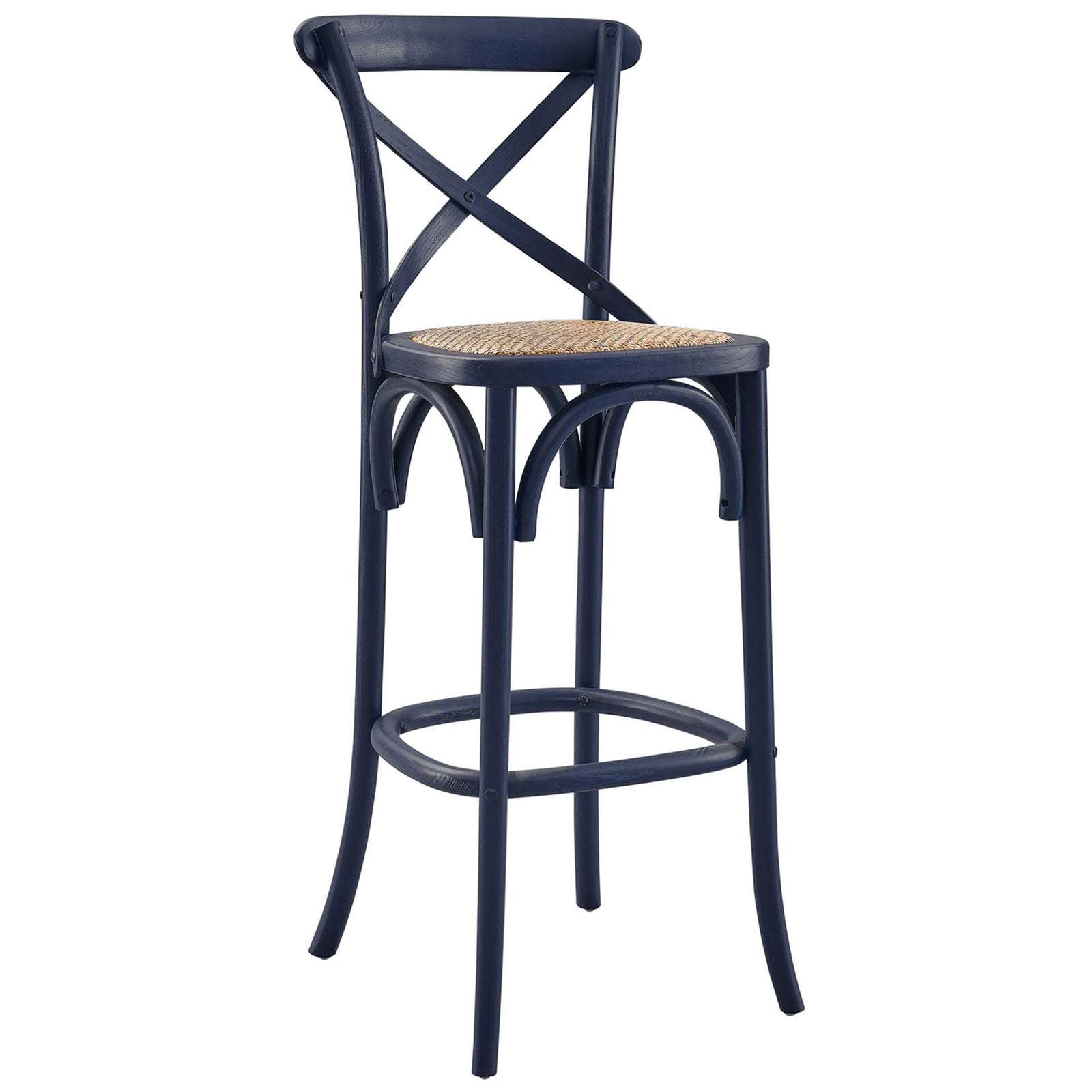 Curved legs and integrated footrest enhance this midnight blue bar stool with rattan seat. || EEI-5668-MID || front_angle_studio