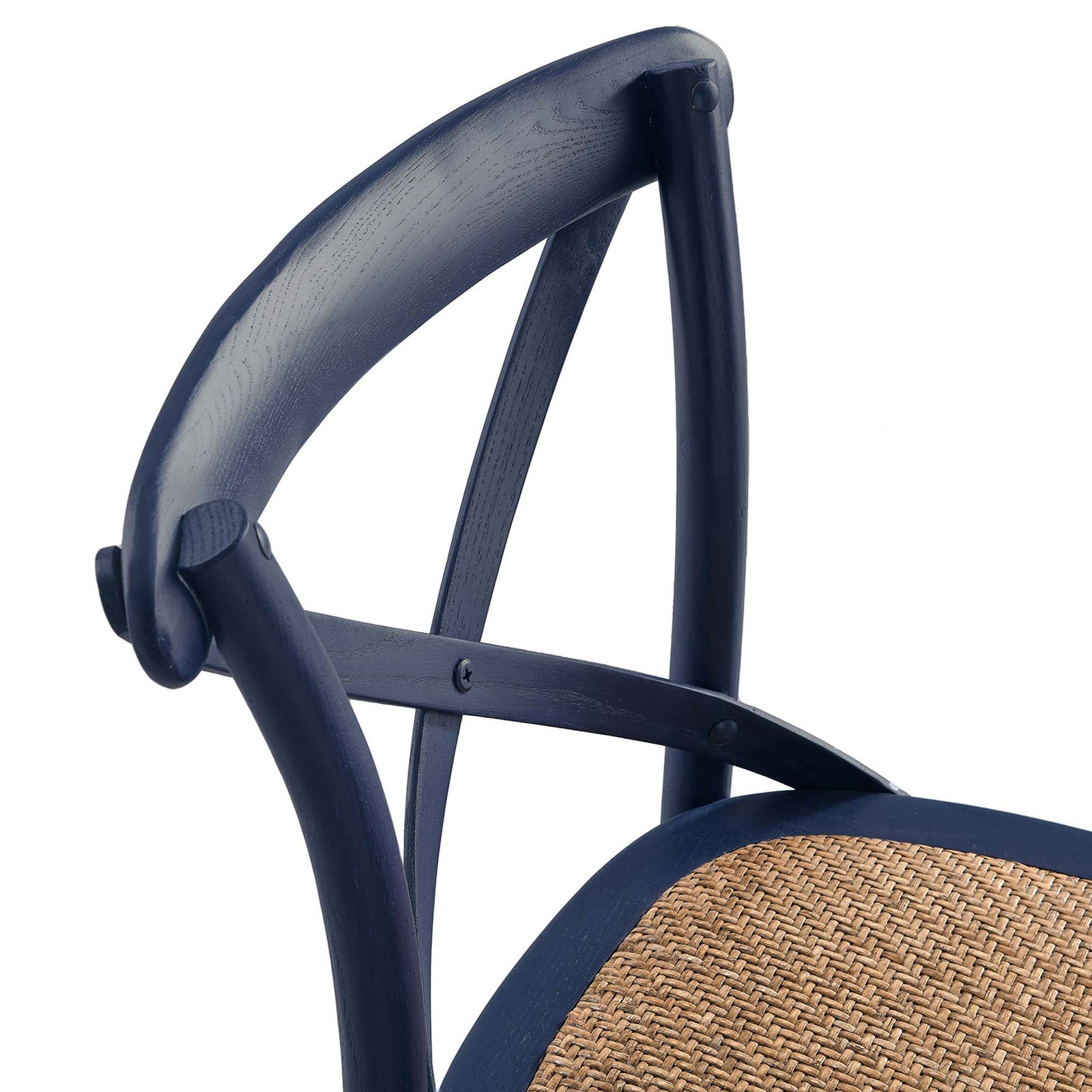 Gently curved top rail and cross-back joinery in an elegant midnight blue finish. || EEI-5668-MID || detail_studio