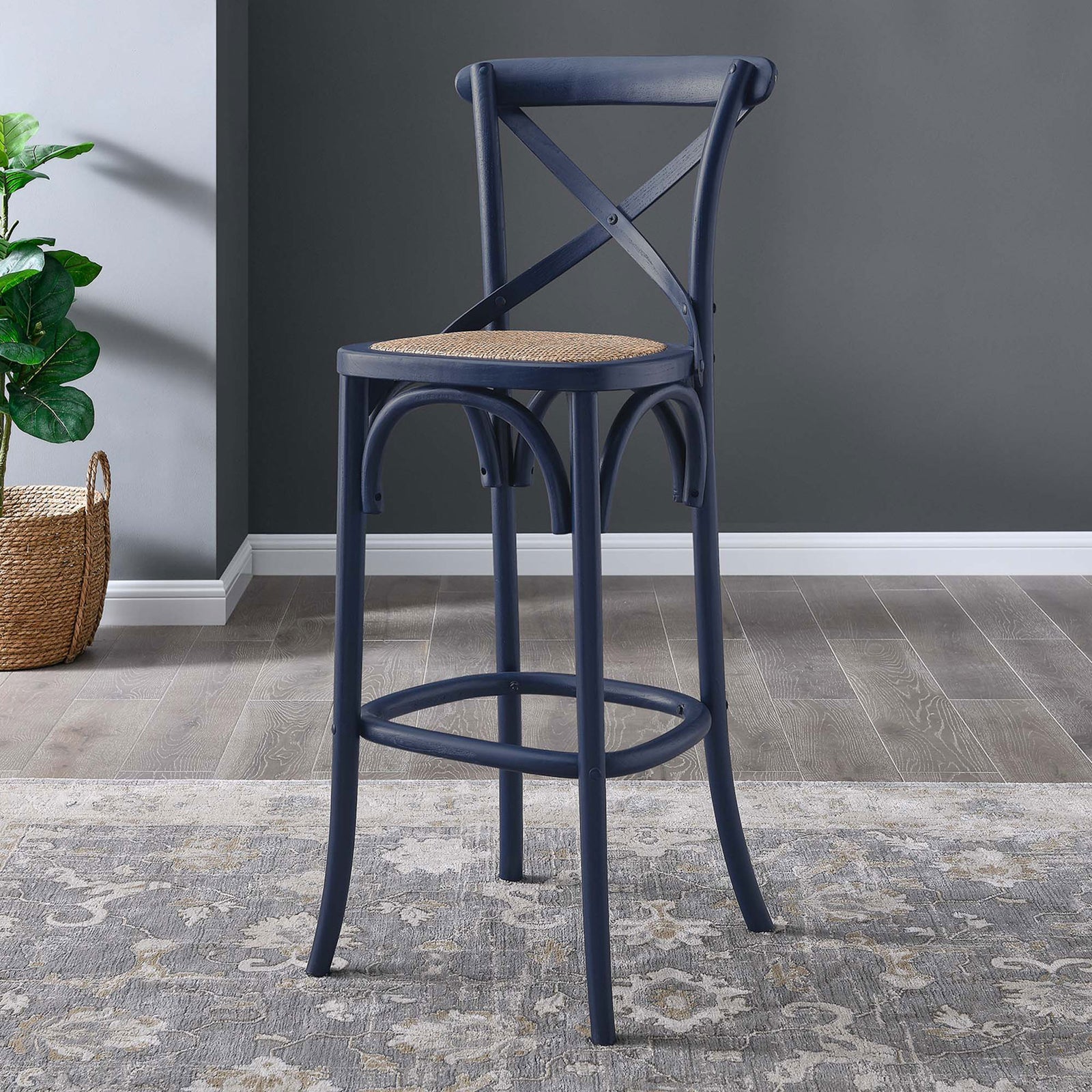 Bring inviting character to the bar with midnight blue elm wood and a textured rattan seat. || EEI-5668-MID || front_angle_room