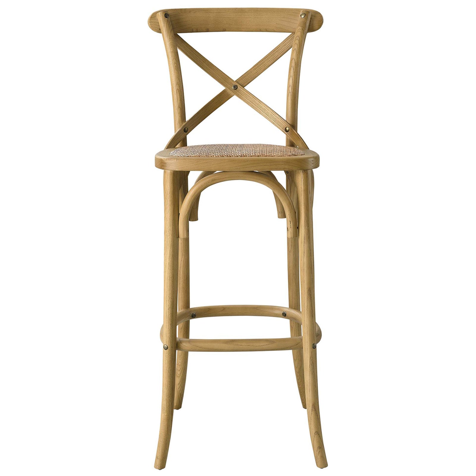 Natural elm bar stool with X-brace back and woven rattan seat for airy, farmhouse appeal. || EEI-5668-NAT || front_studio
