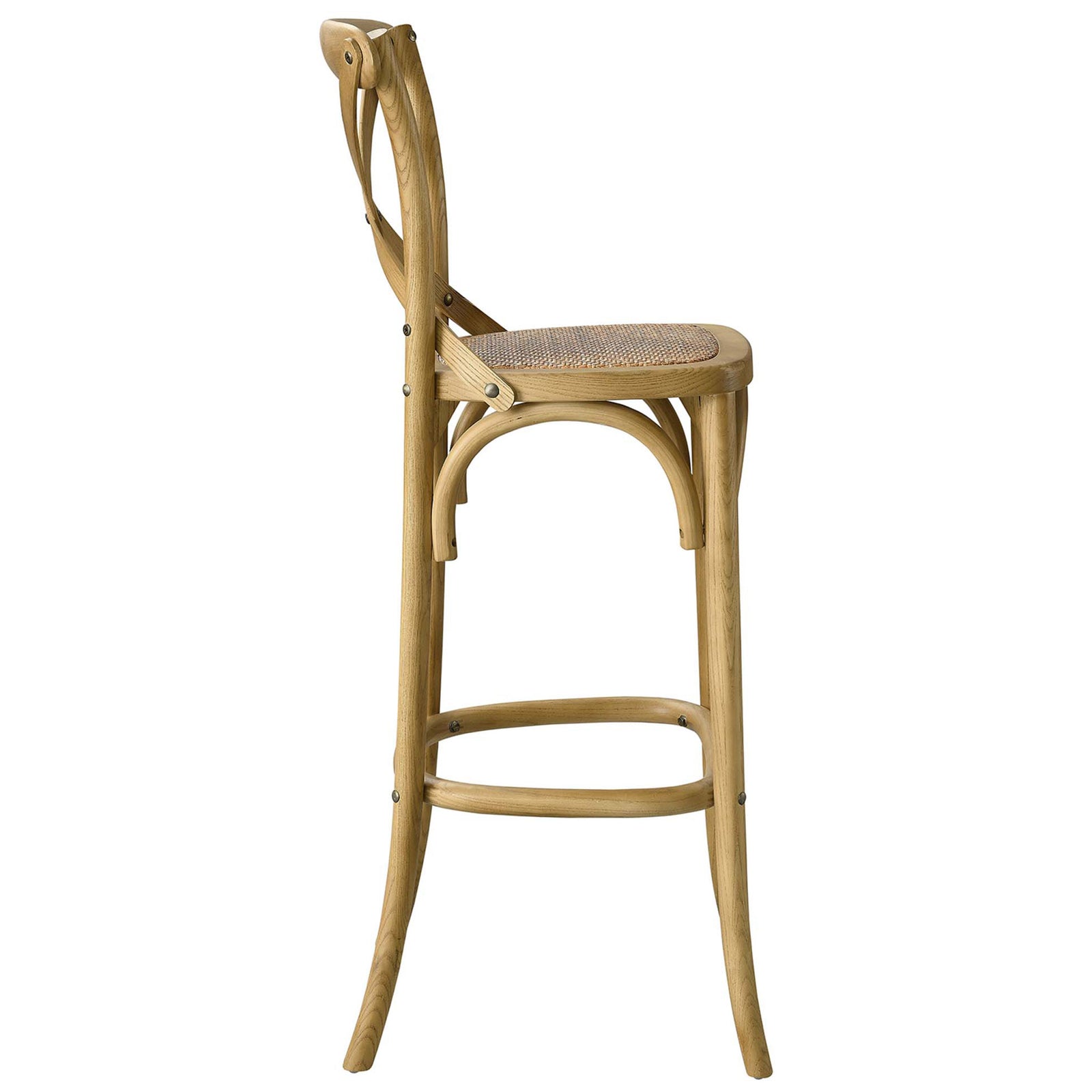 Slim, splayed legs and a rounded seat define this durable bar stool's classic profile. || EEI-5668-NAT || side_studio